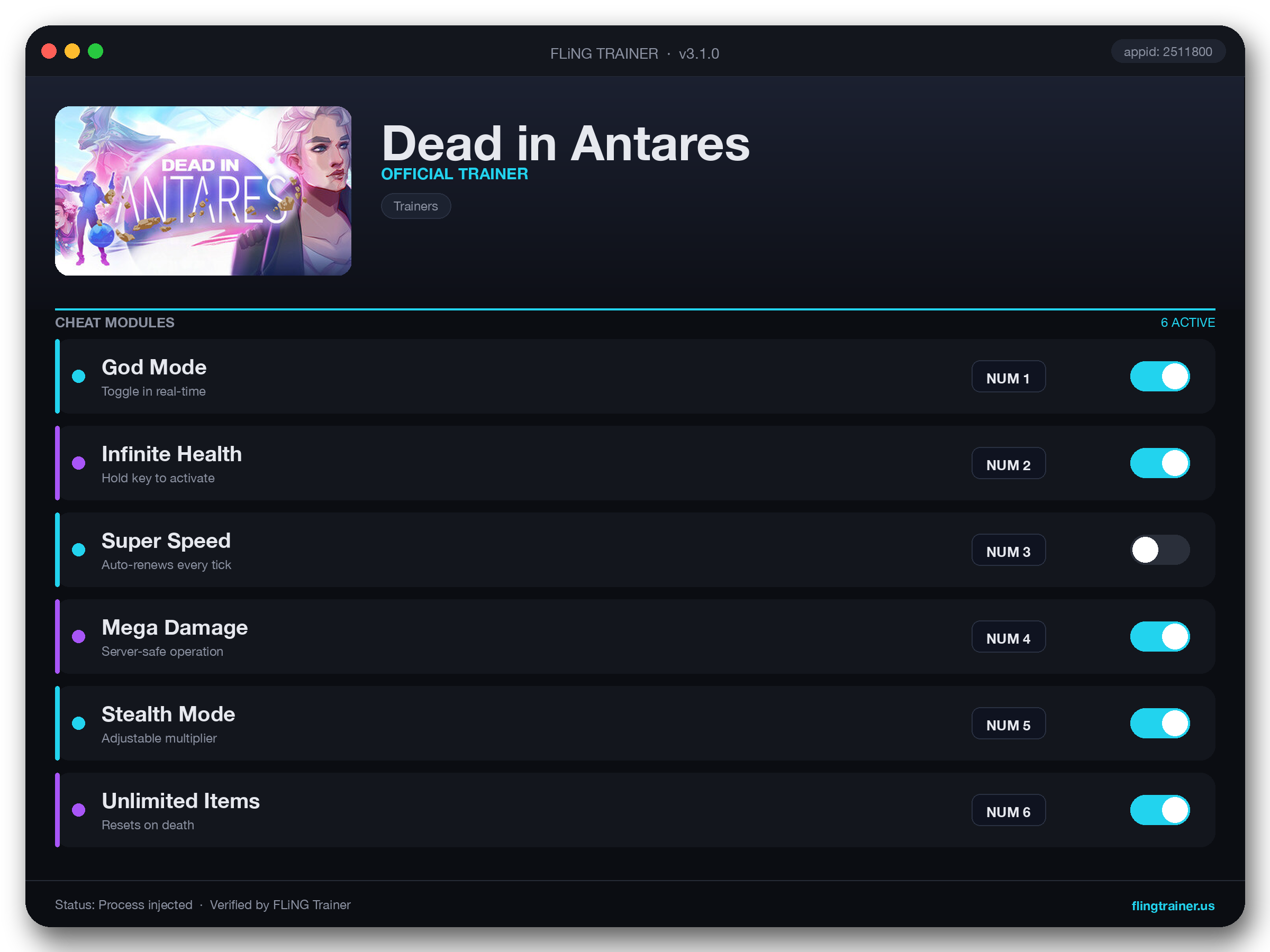 Dead in Antares Trainer interface