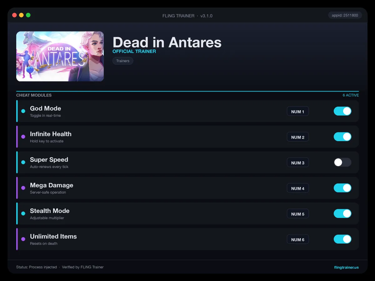 Dead in Antares Trainer interface
