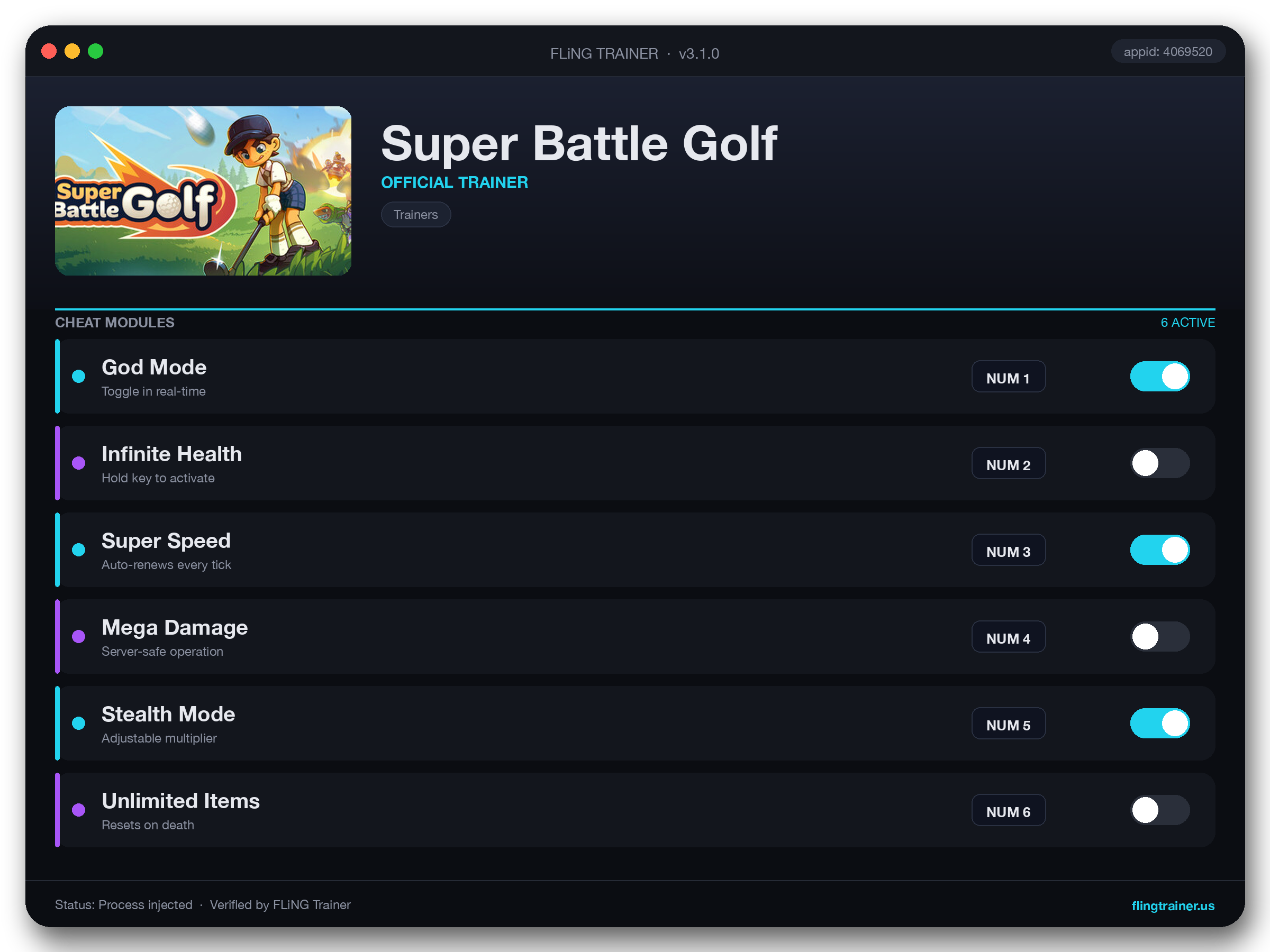 Super Battle Golf Trainer interface
