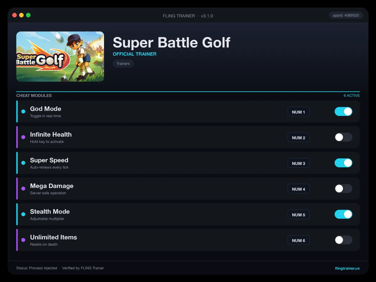 Super Battle Golf Trainer interface