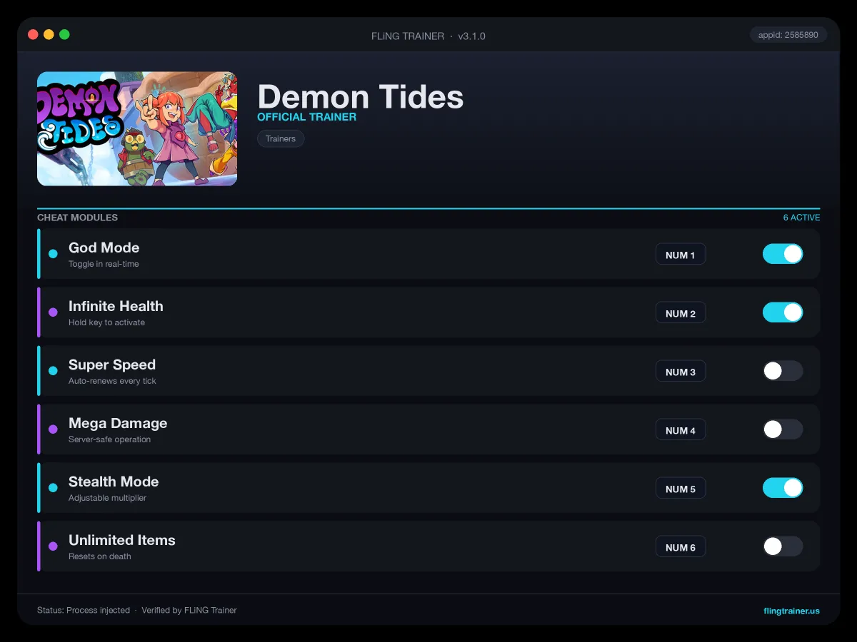 Demon Tides Trainer interface