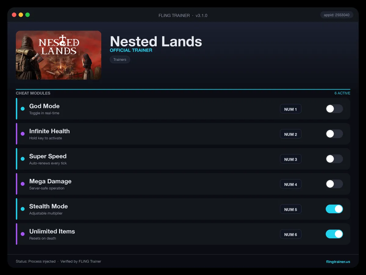 Nested Lands Trainer interface