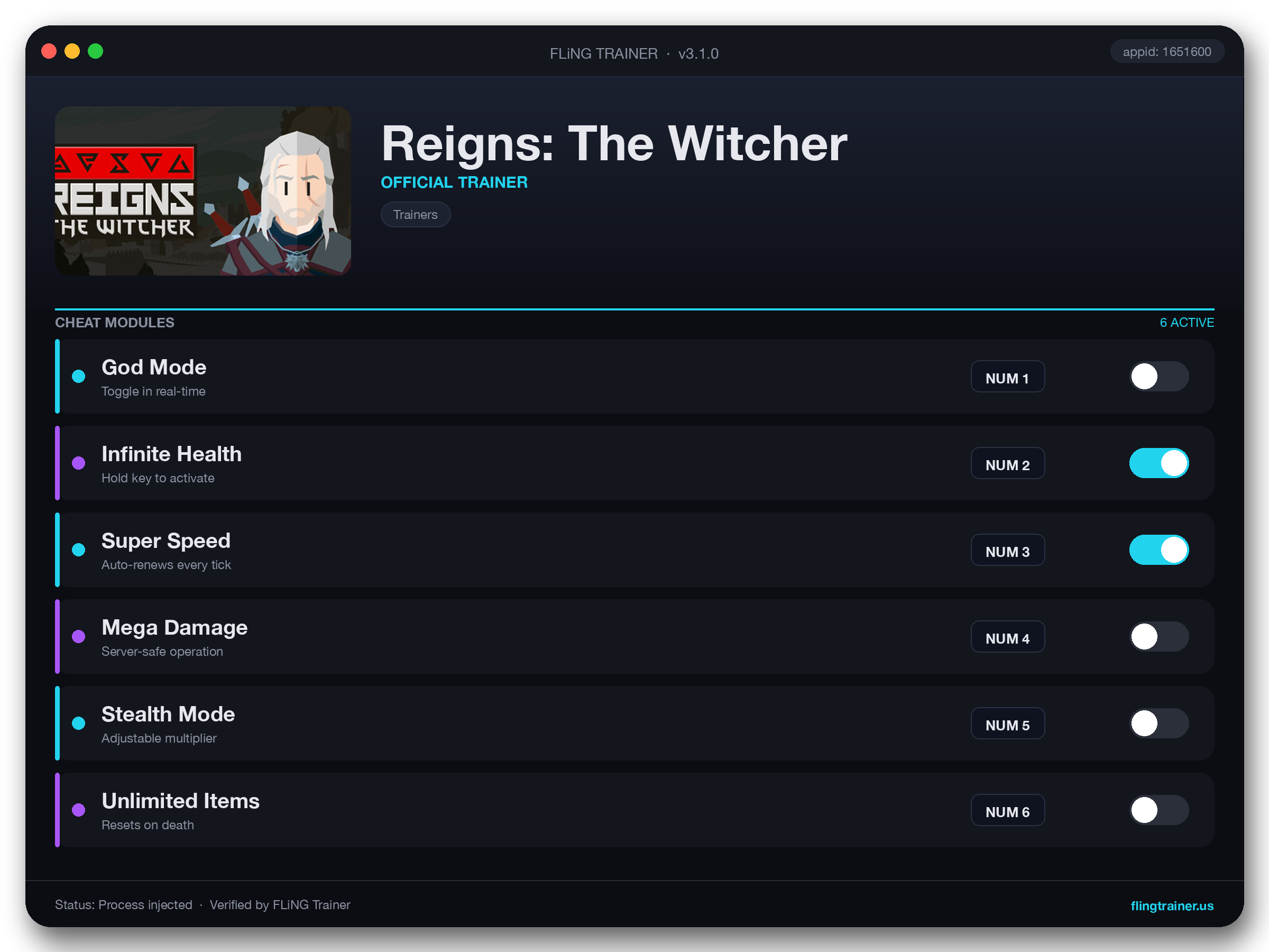 Reigns: The Witcher Trainer interface