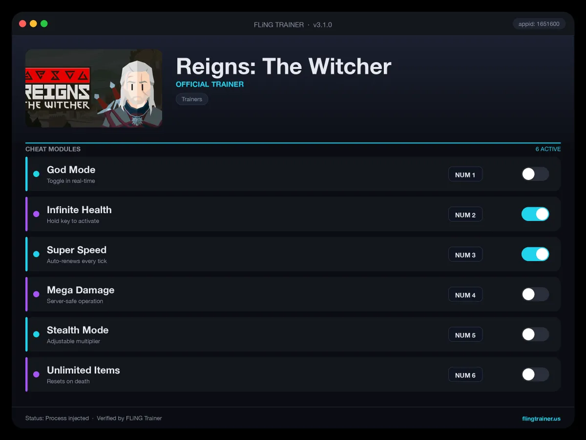 Reigns: The Witcher Trainer interface