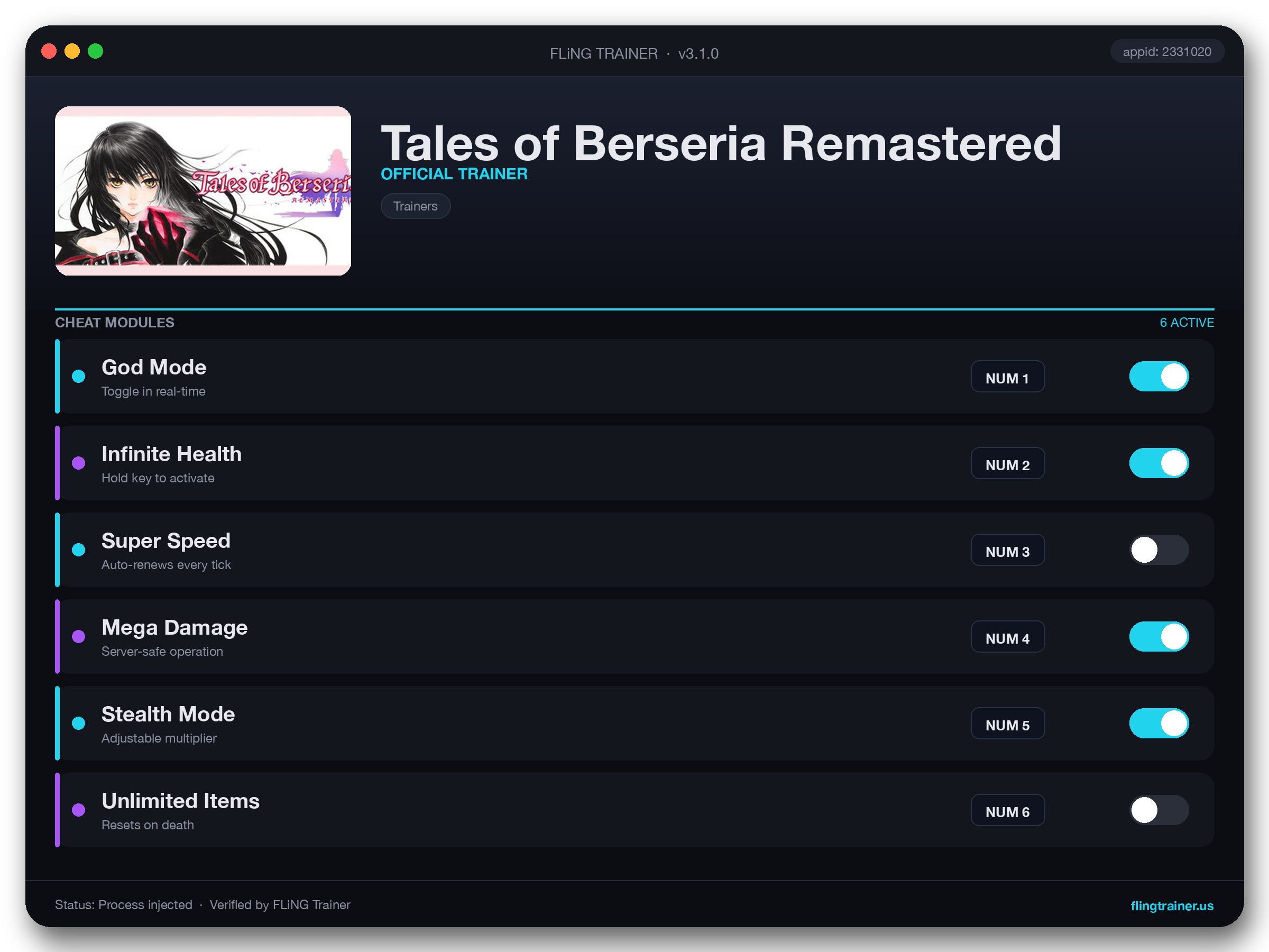 Tales of Berseria Remastered Trainer interface