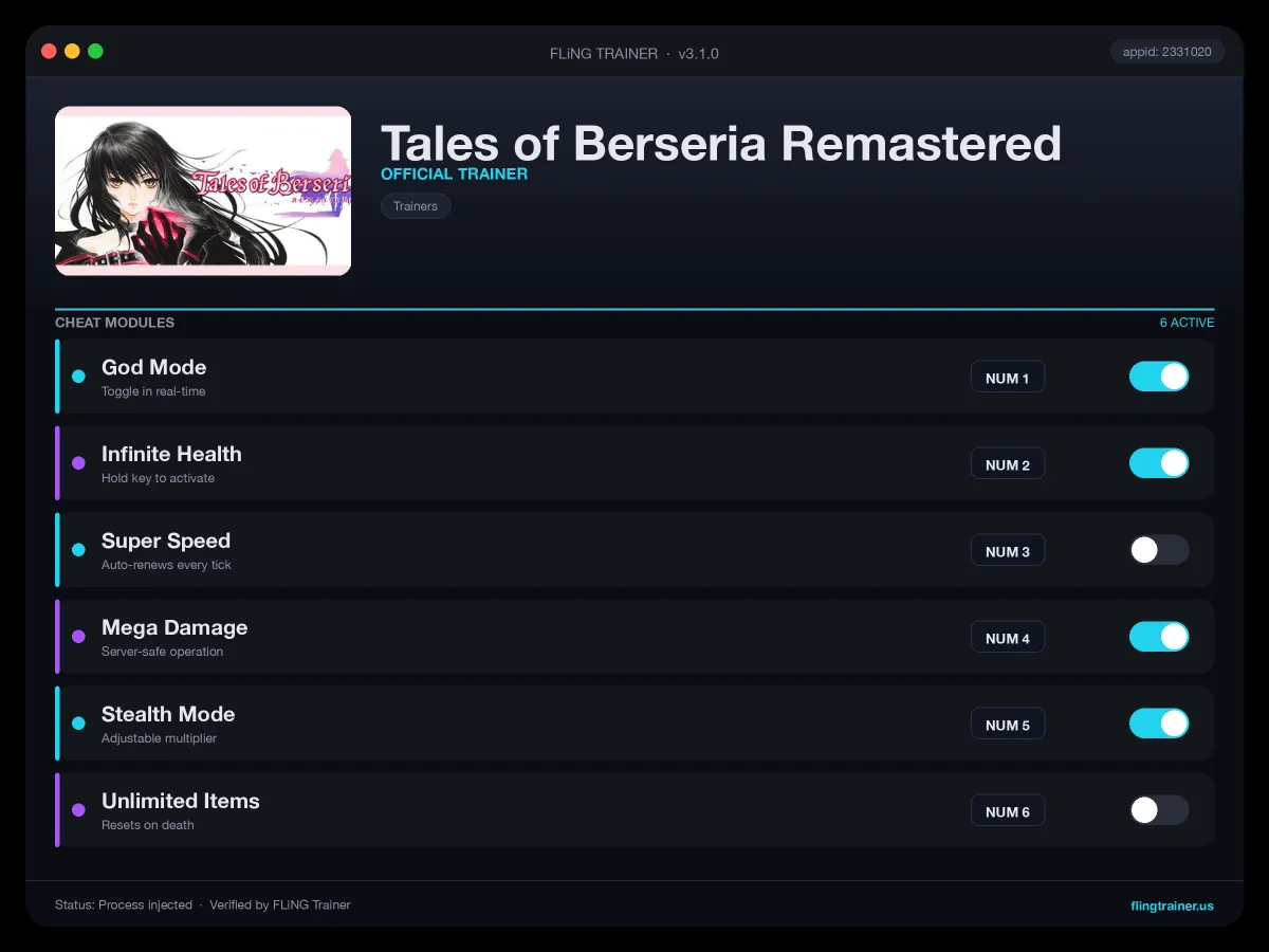 Tales of Berseria Remastered Trainer interface
