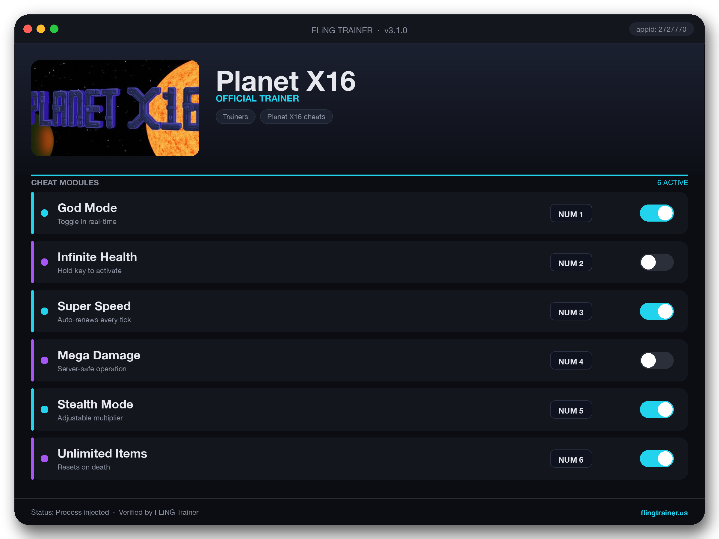 Planet X16 Trainer interface