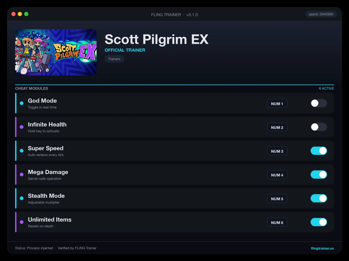 Scott Pilgrim EX Trainer interface