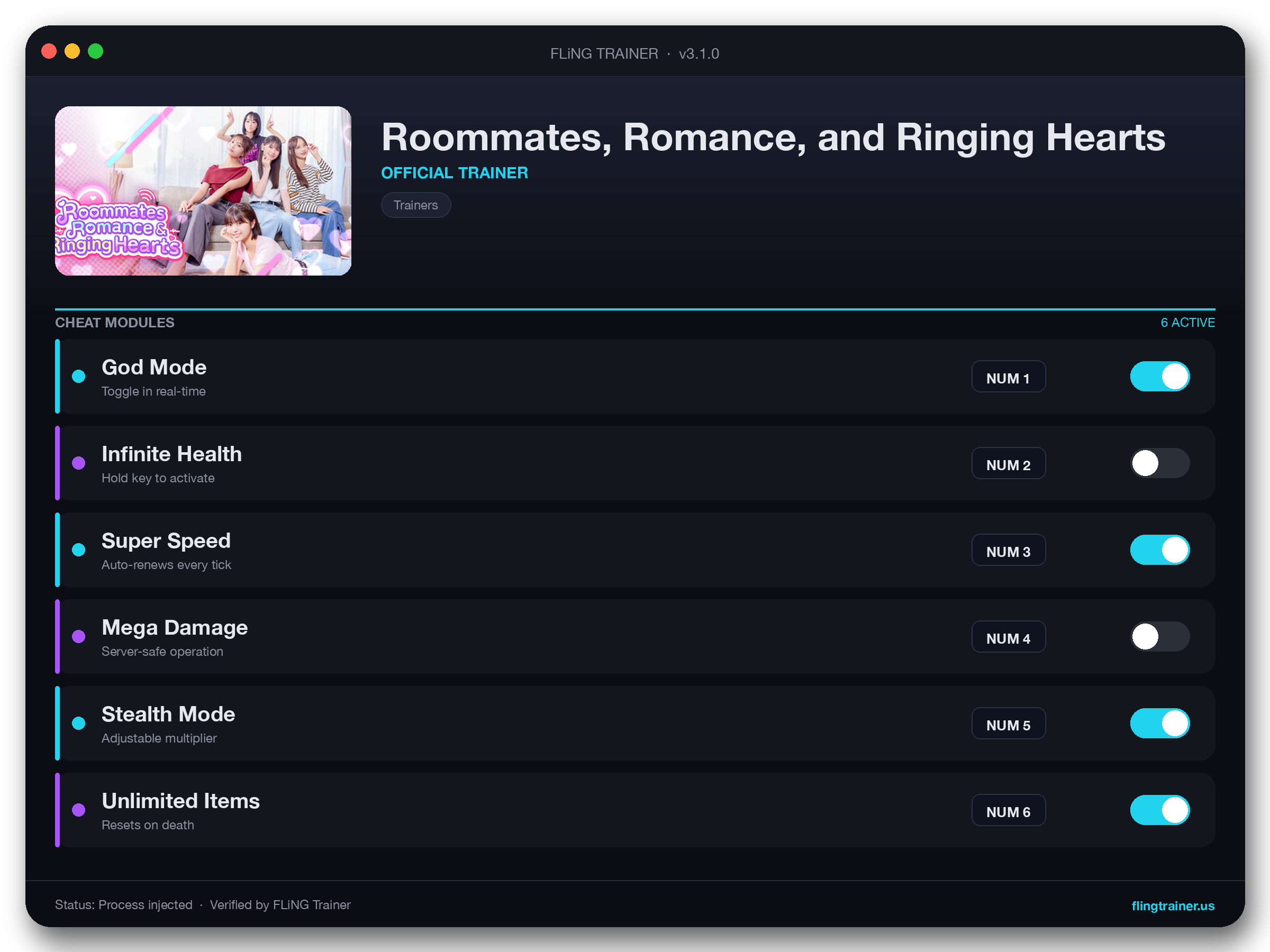 Roommates, Romance, and Ringing Hearts Trainer interface