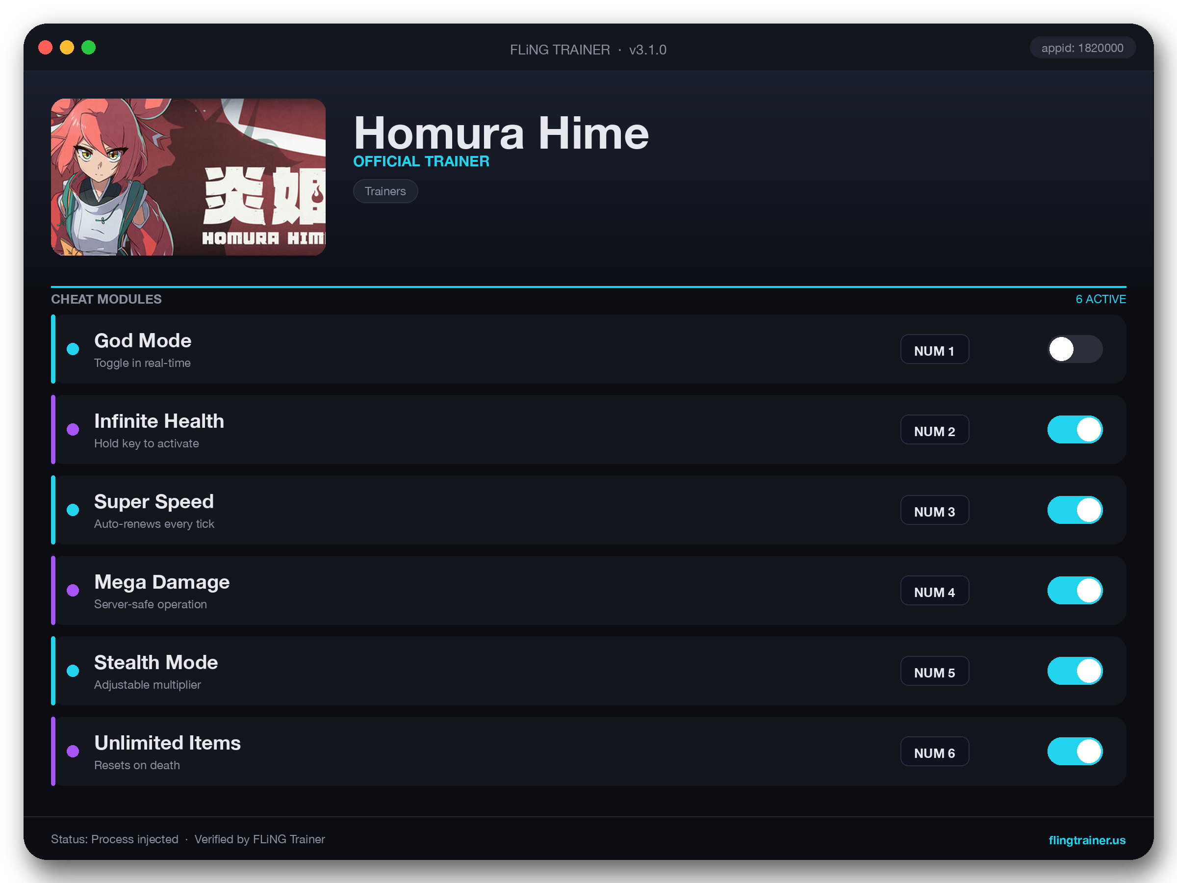 Homura Hime Trainer interface