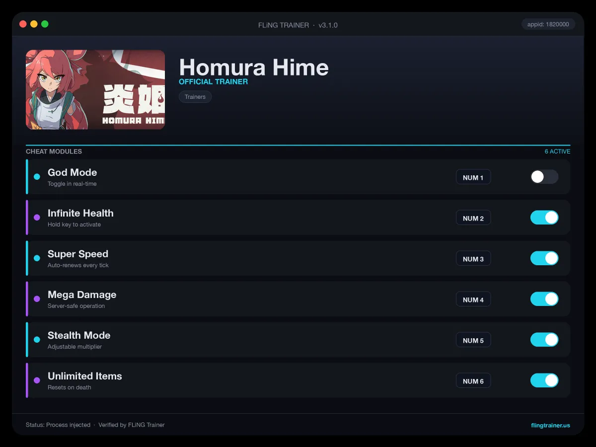 Homura Hime Trainer interface