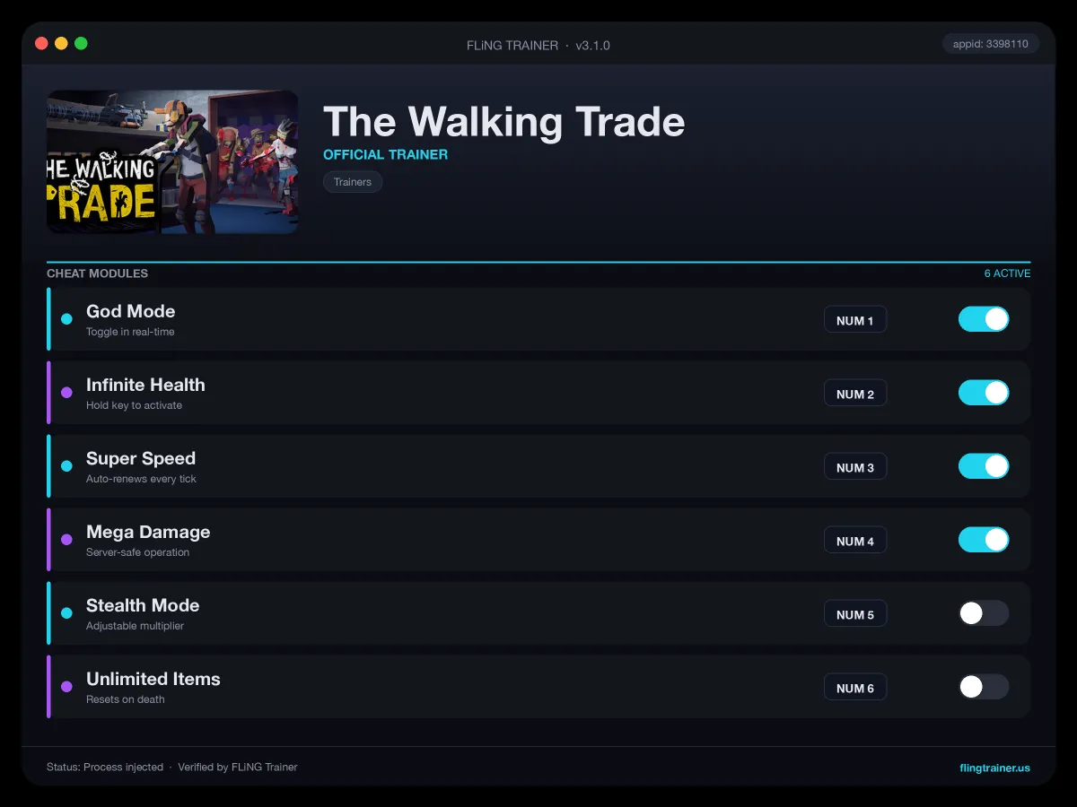 The Walking Trade Trainer interface