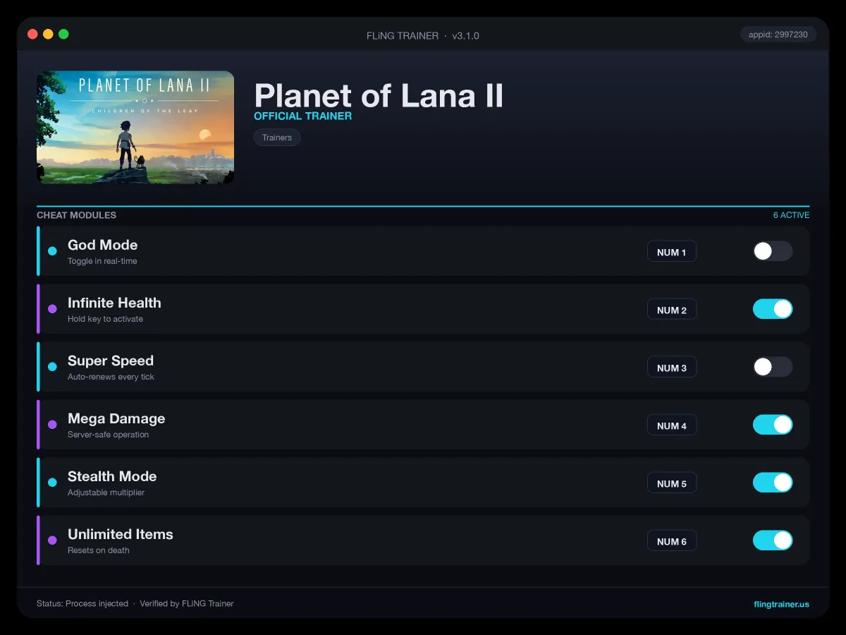 Planet of Lana II Trainer interface