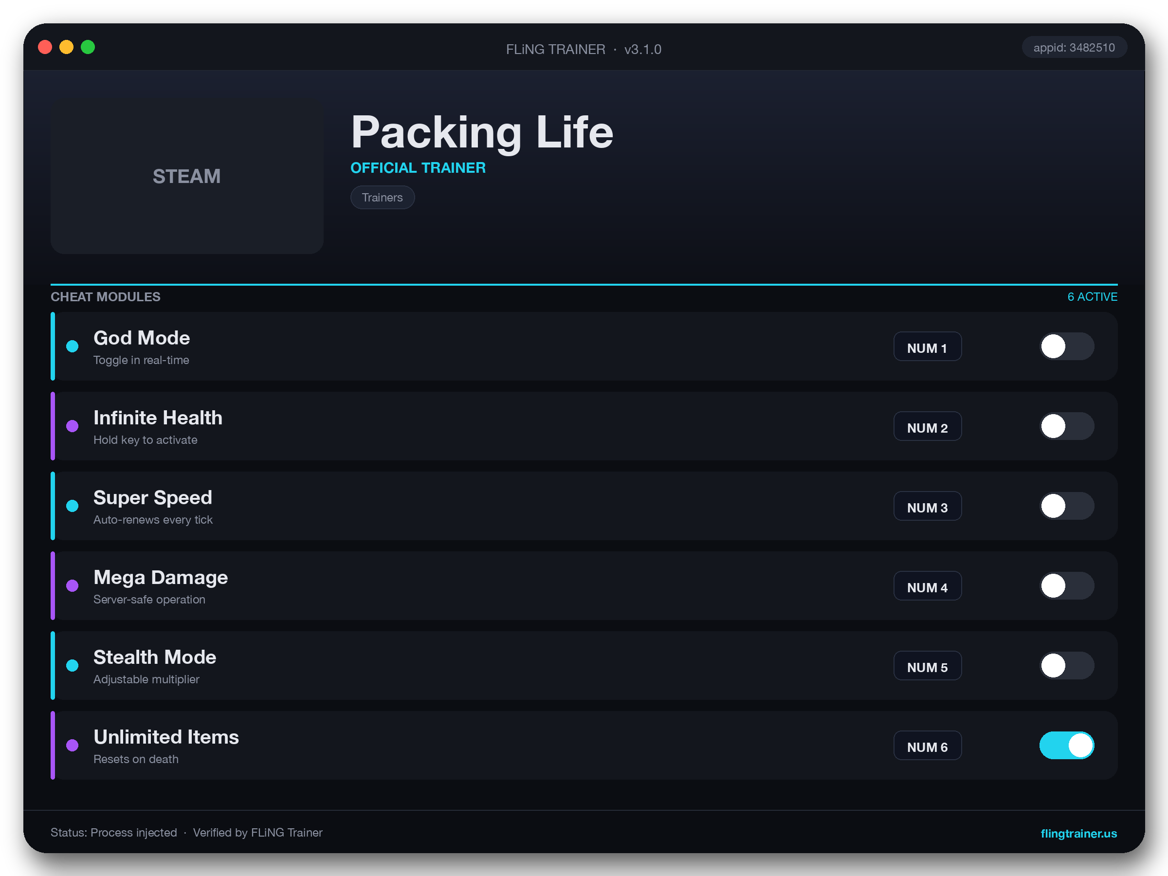 Packing Life Trainer interface