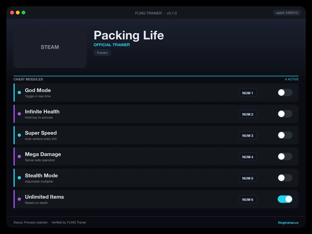 Packing Life Trainer interface