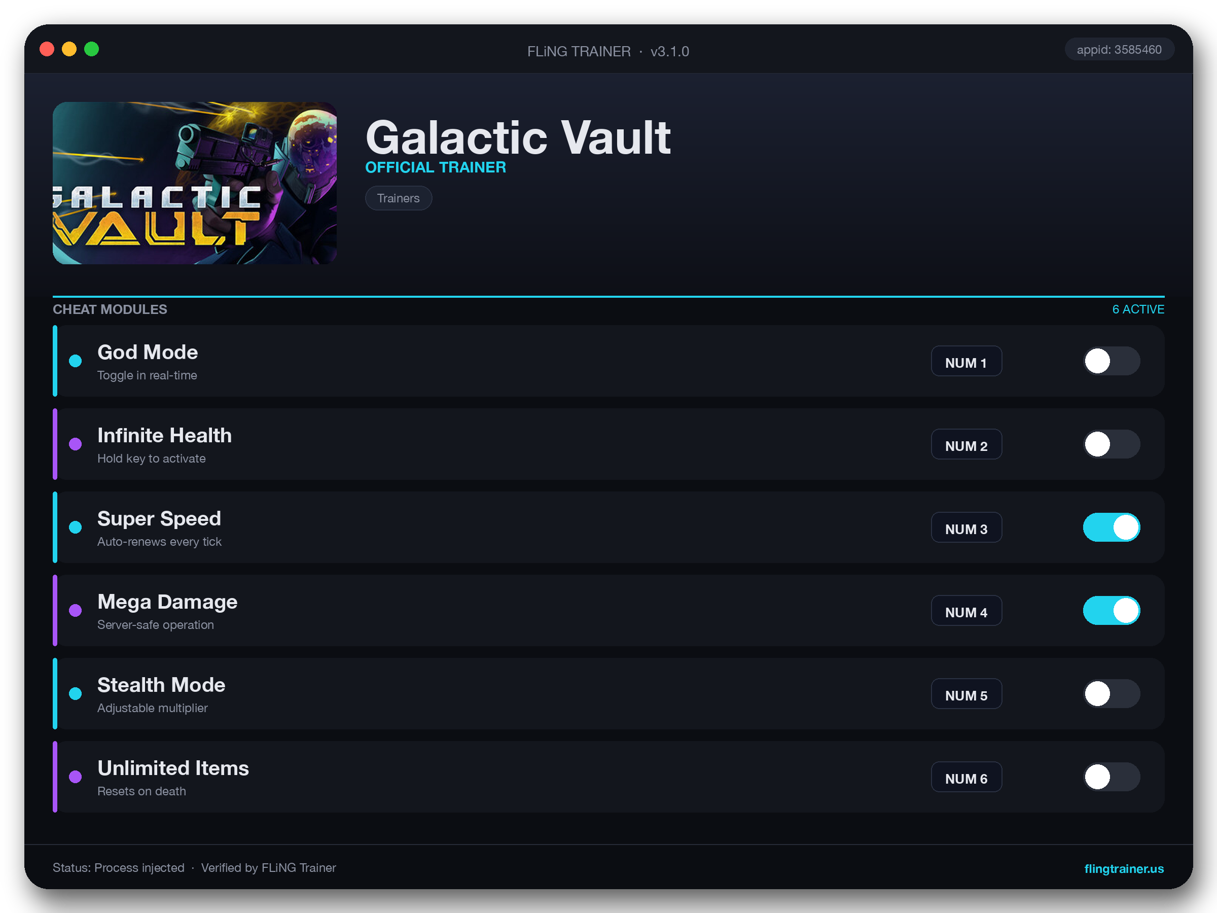 Galactic Vault Trainer interface
