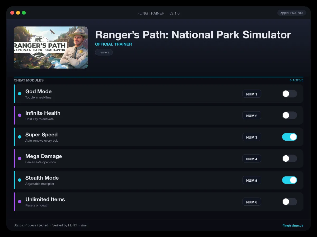 Ranger’s Path: National Park Simulator Trainer interface