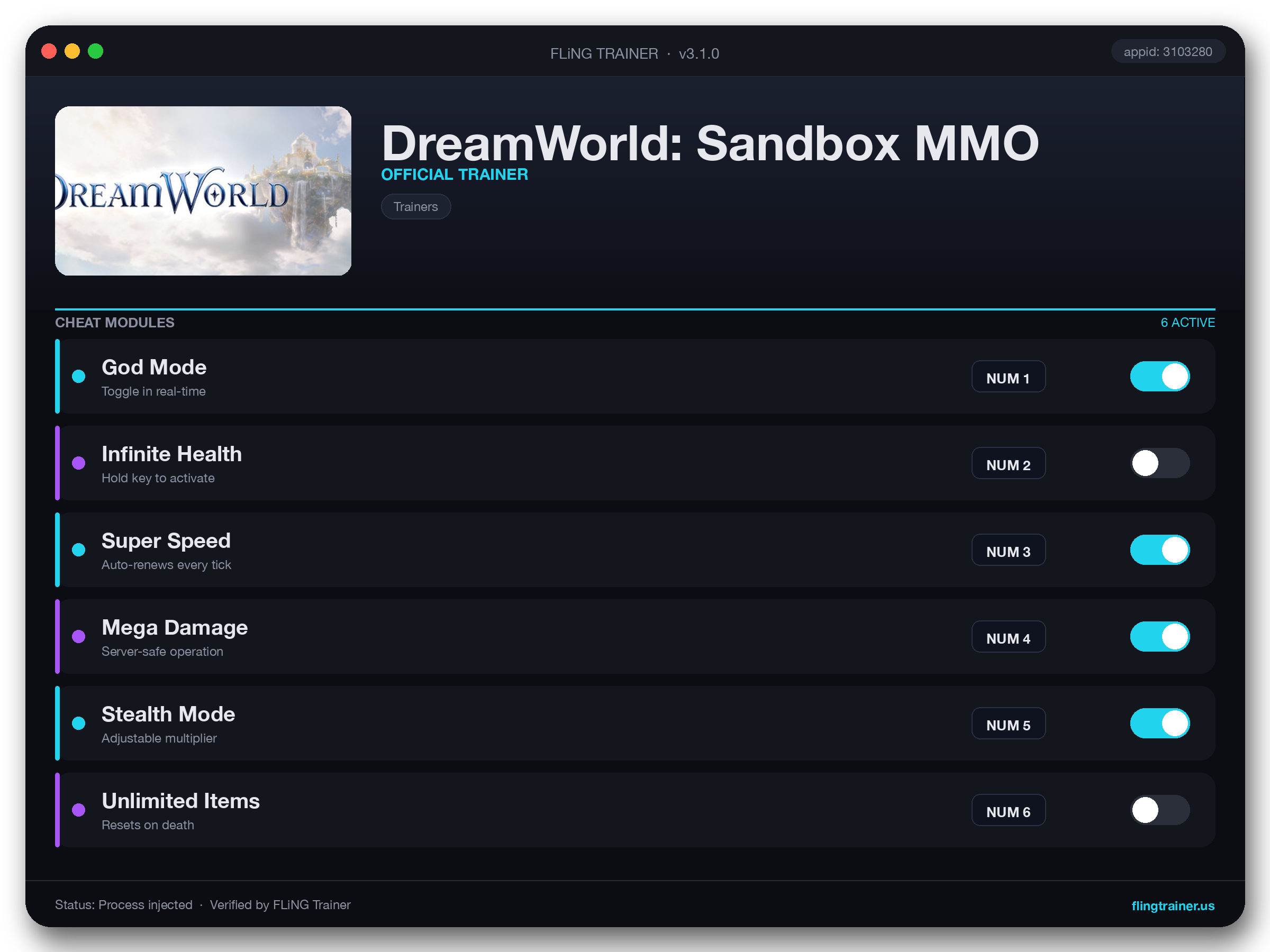 DreamWorld: Sandbox MMO Trainer interface