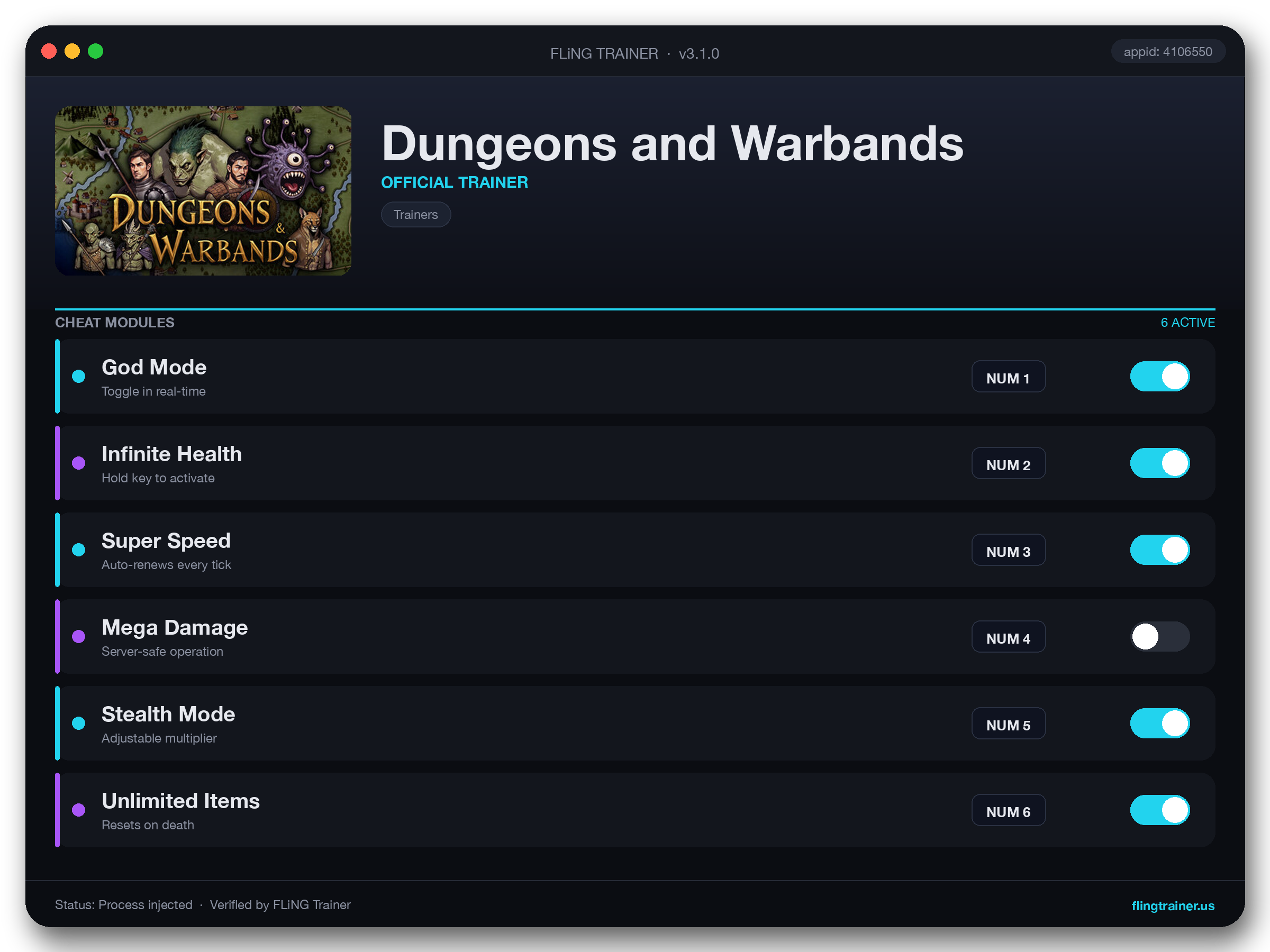 Dungeons and Warbands Trainer interface