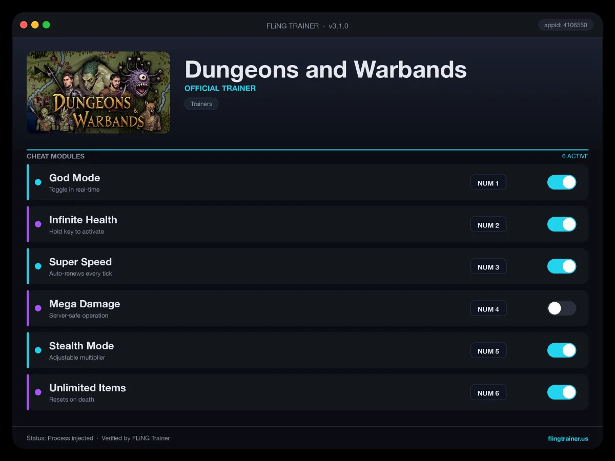 Dungeons and Warbands Trainer interface
