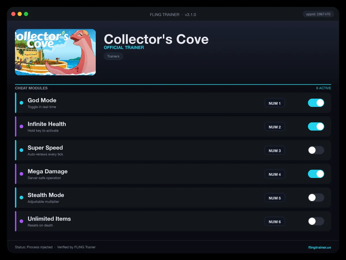 Collector's Cove Trainer interface