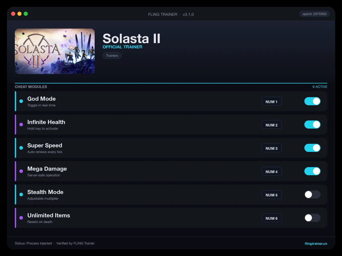Solasta II Trainer interface