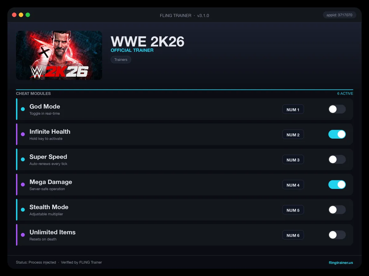 WWE 2K26 Trainer interface