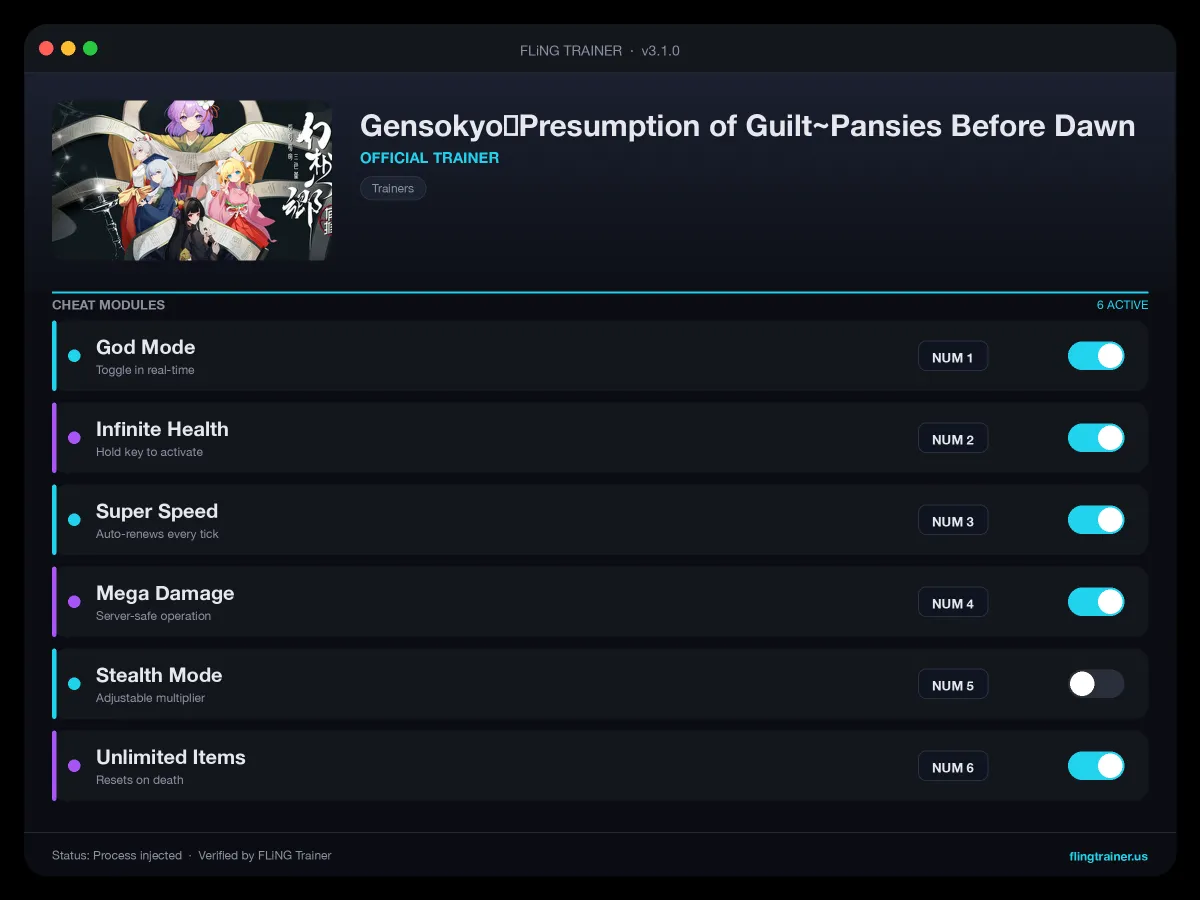 Gensokyo:Presumption of Guilt~Pansies Before Dawn Trainer interface