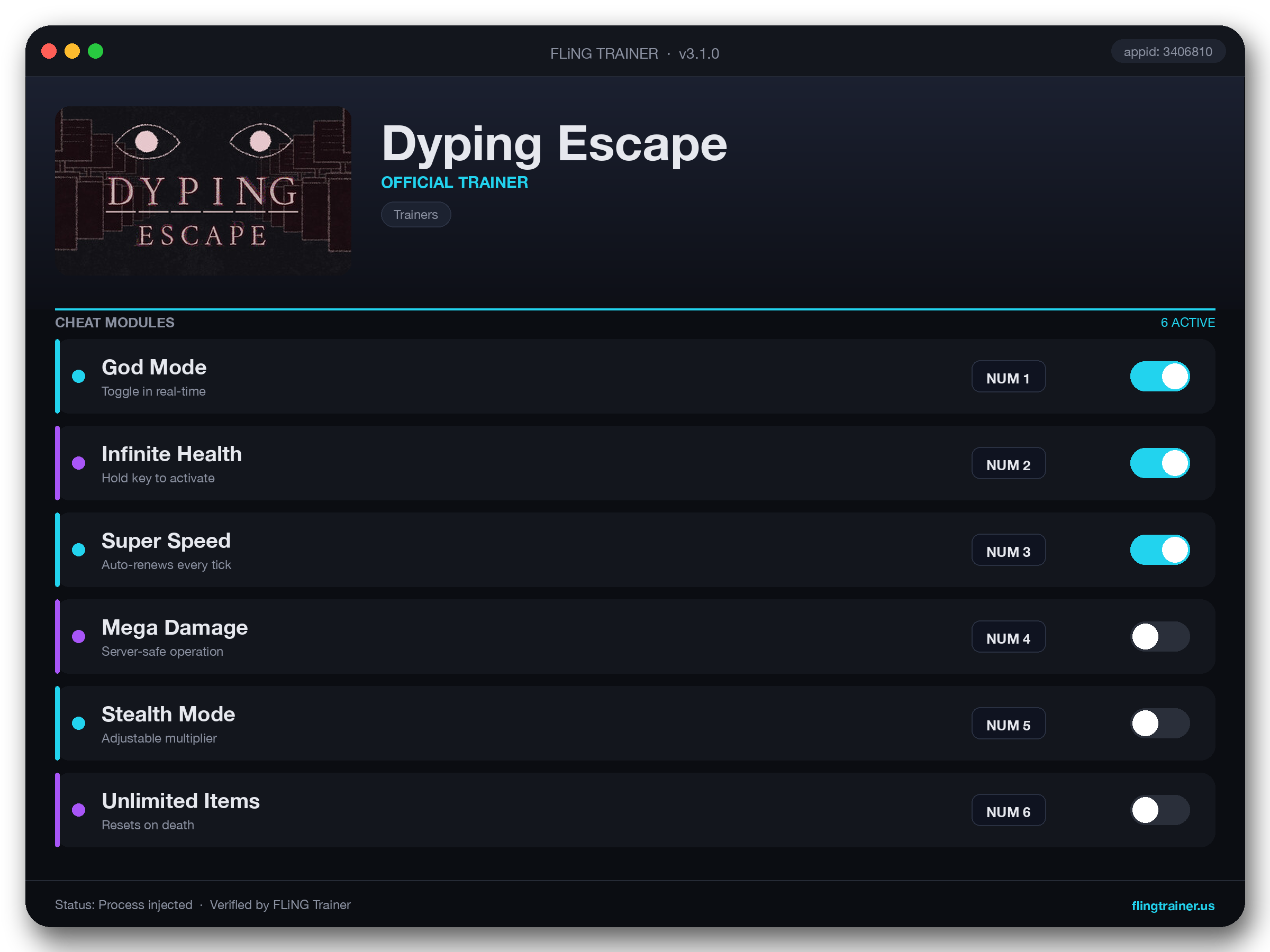 Dyping Escape Trainer interface