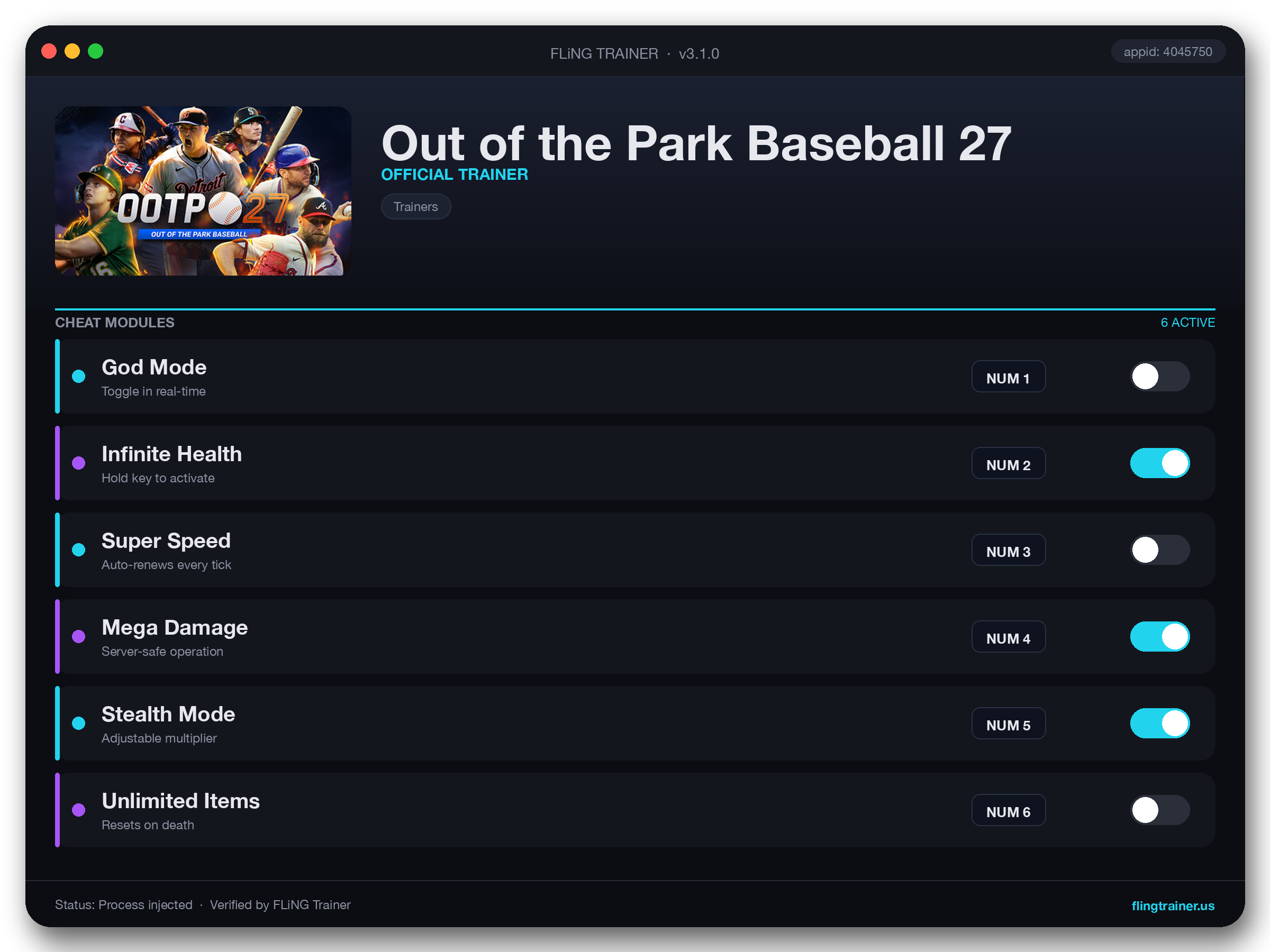 Out of the Park Baseball 27 Trainer interface
