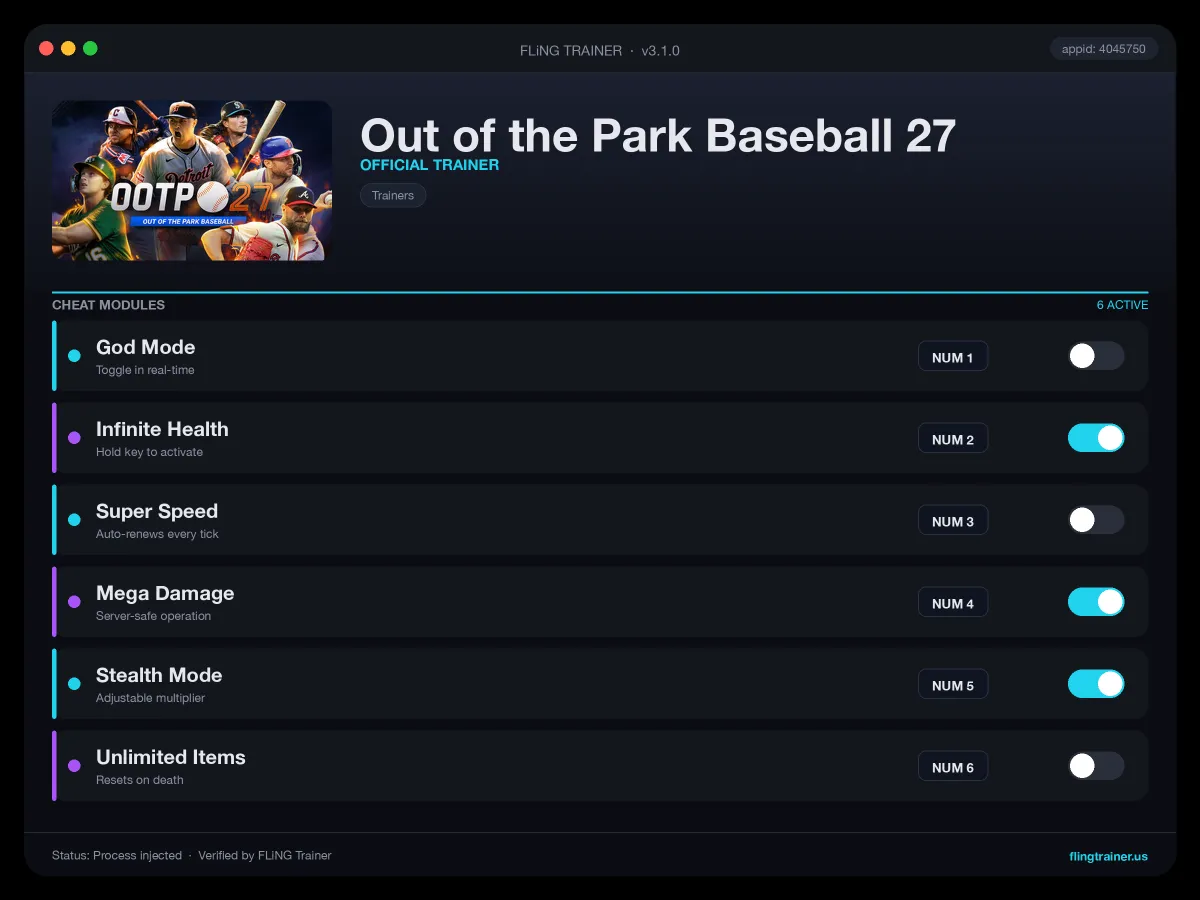Out of the Park Baseball 27 Trainer interface