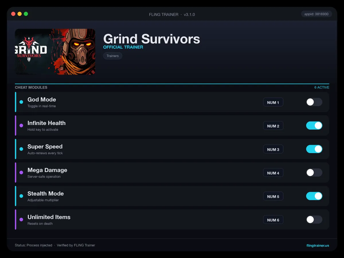 Grind Survivors Trainer interface