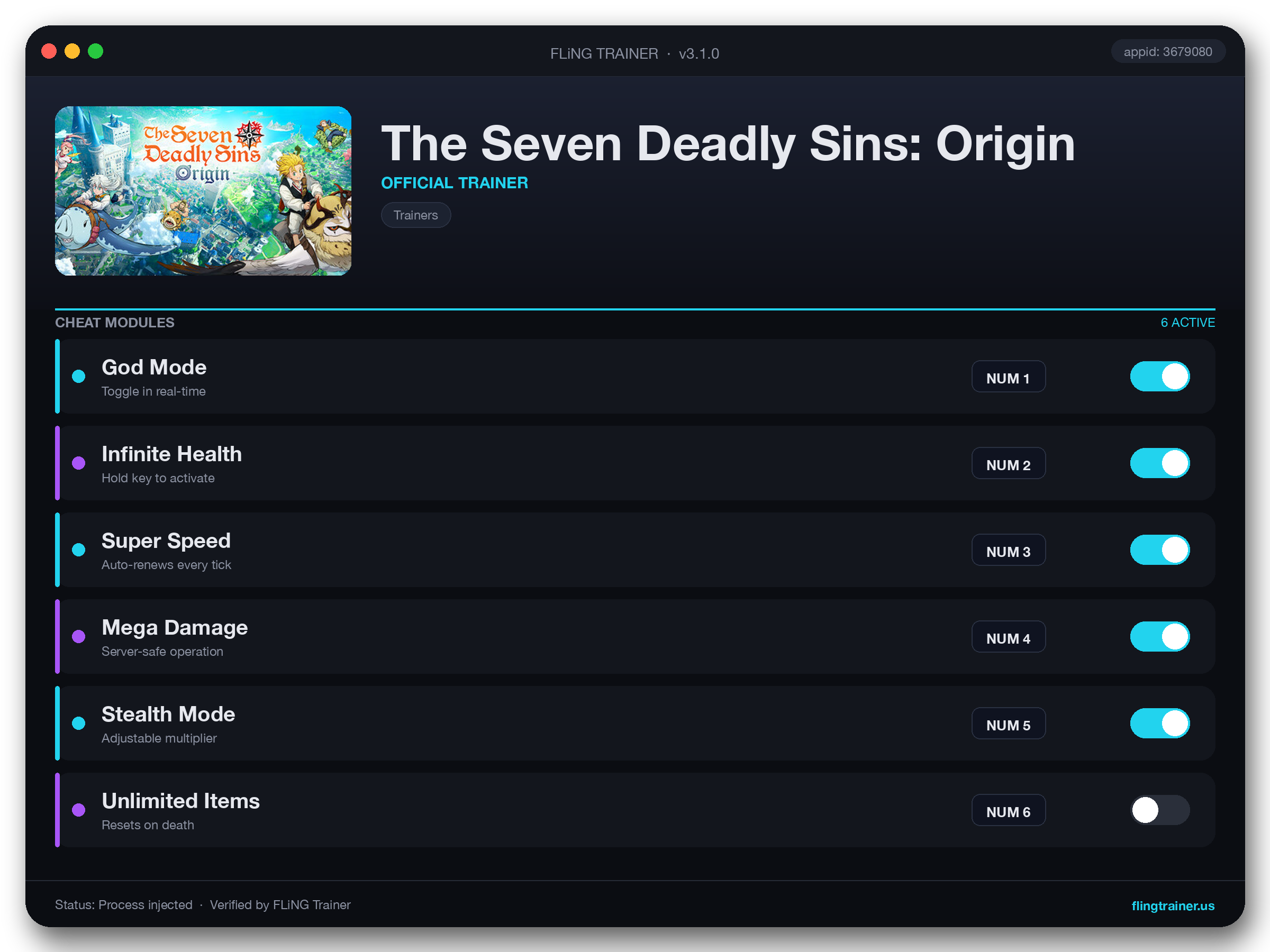 The Seven Deadly Sins: Origin Trainer interface