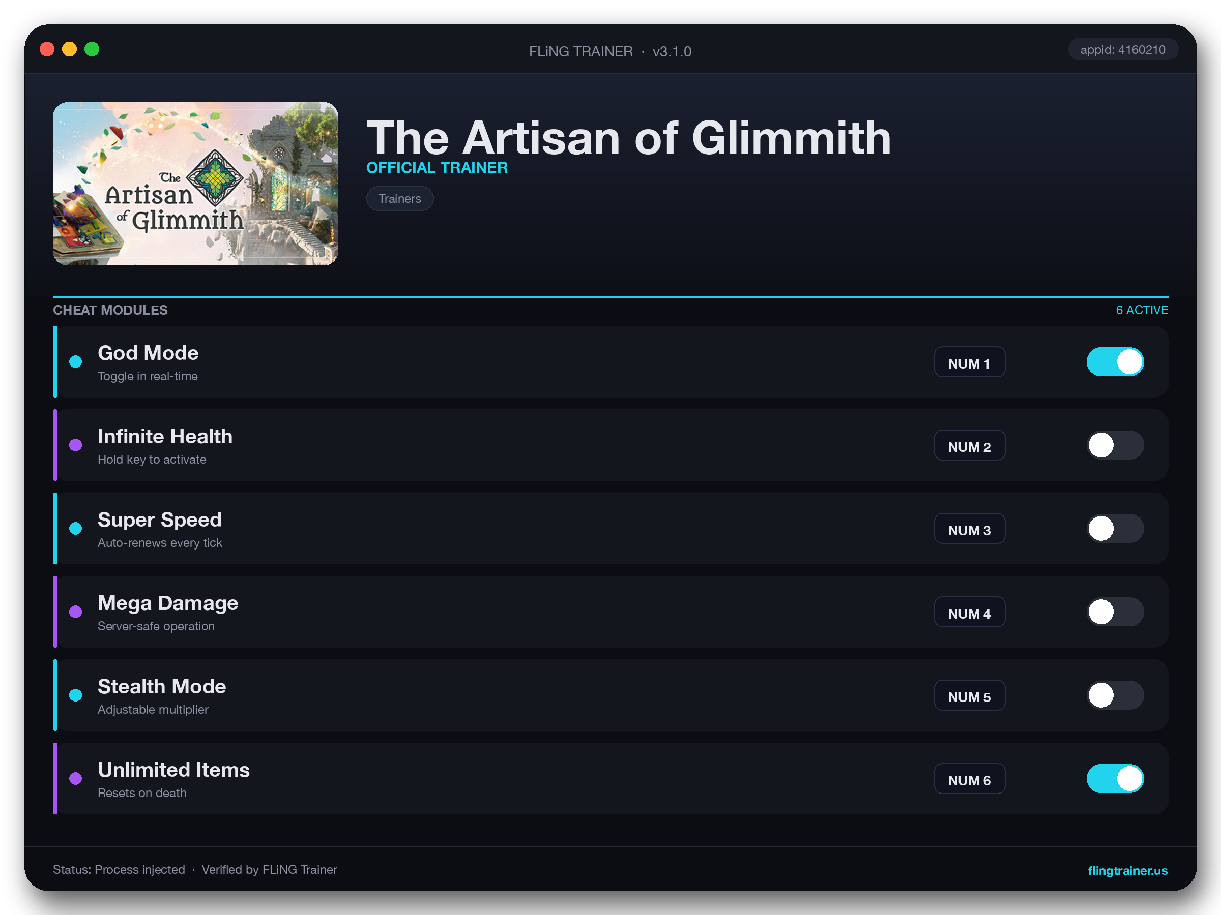 The Artisan of Glimmith Trainer interface