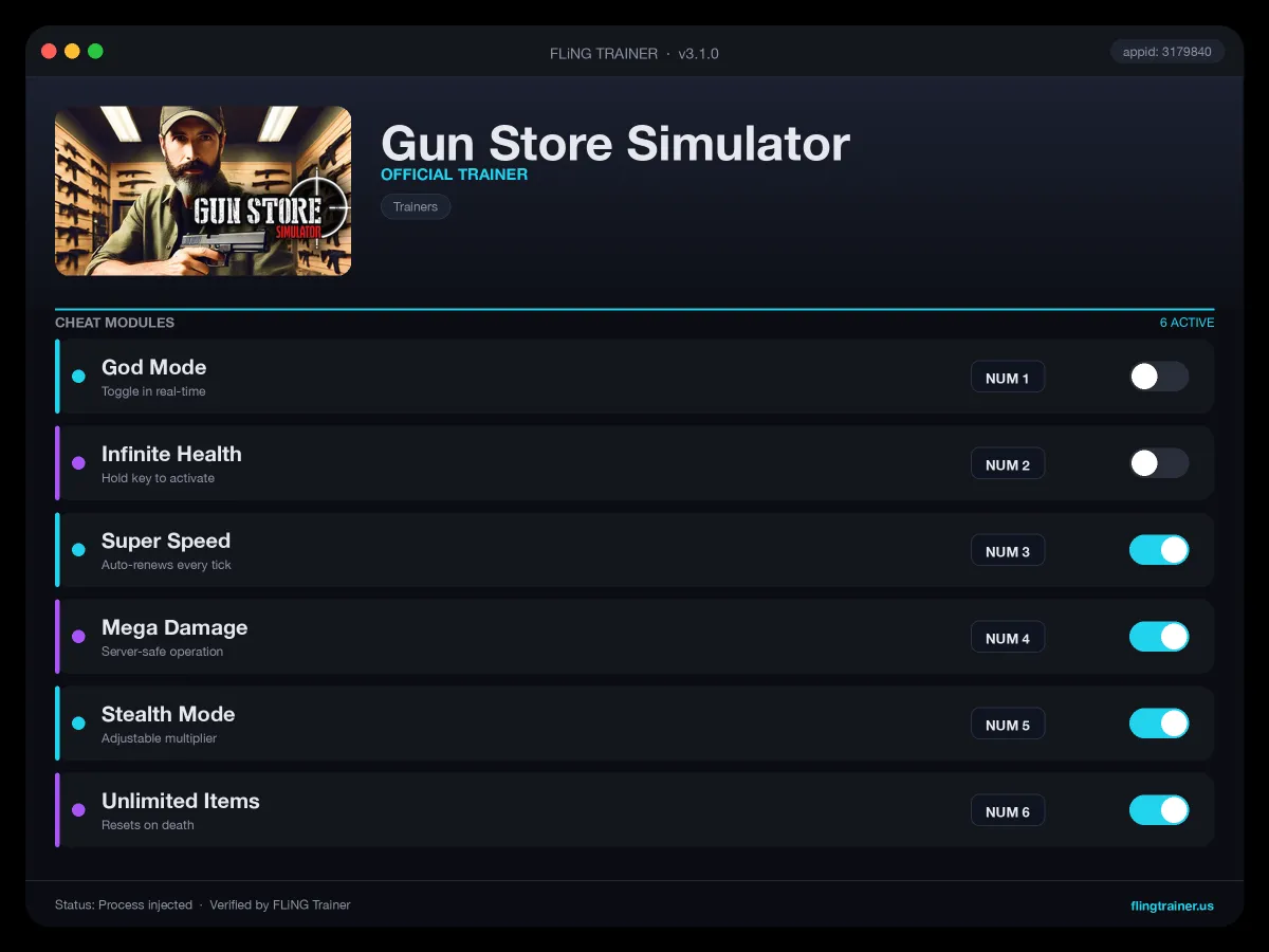 Gun Store Simulator Trainer interface