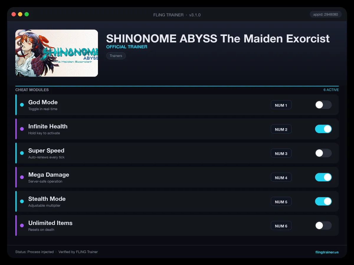 SHINONOME ABYSS The Maiden Exorcist Trainer interface