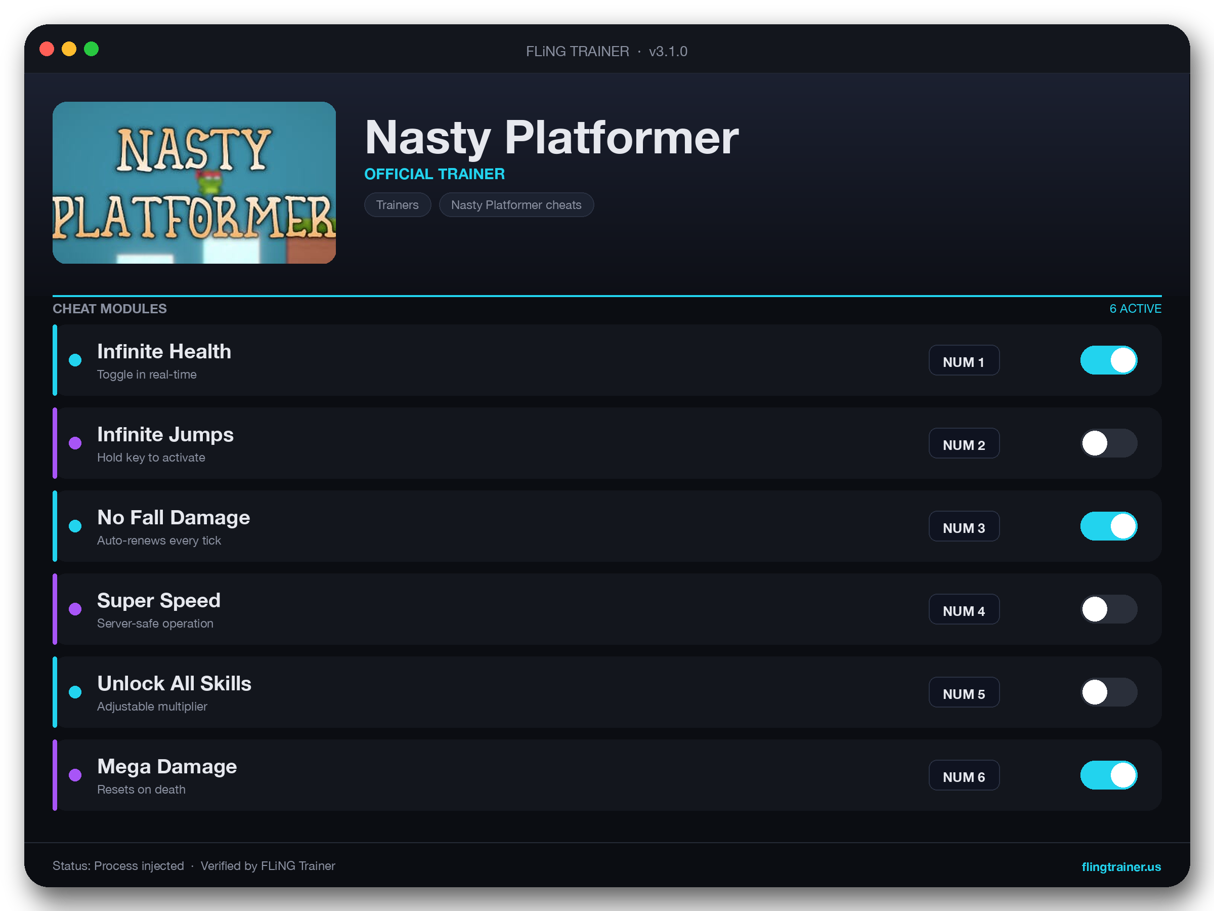 Nasty Platformer Trainer interface