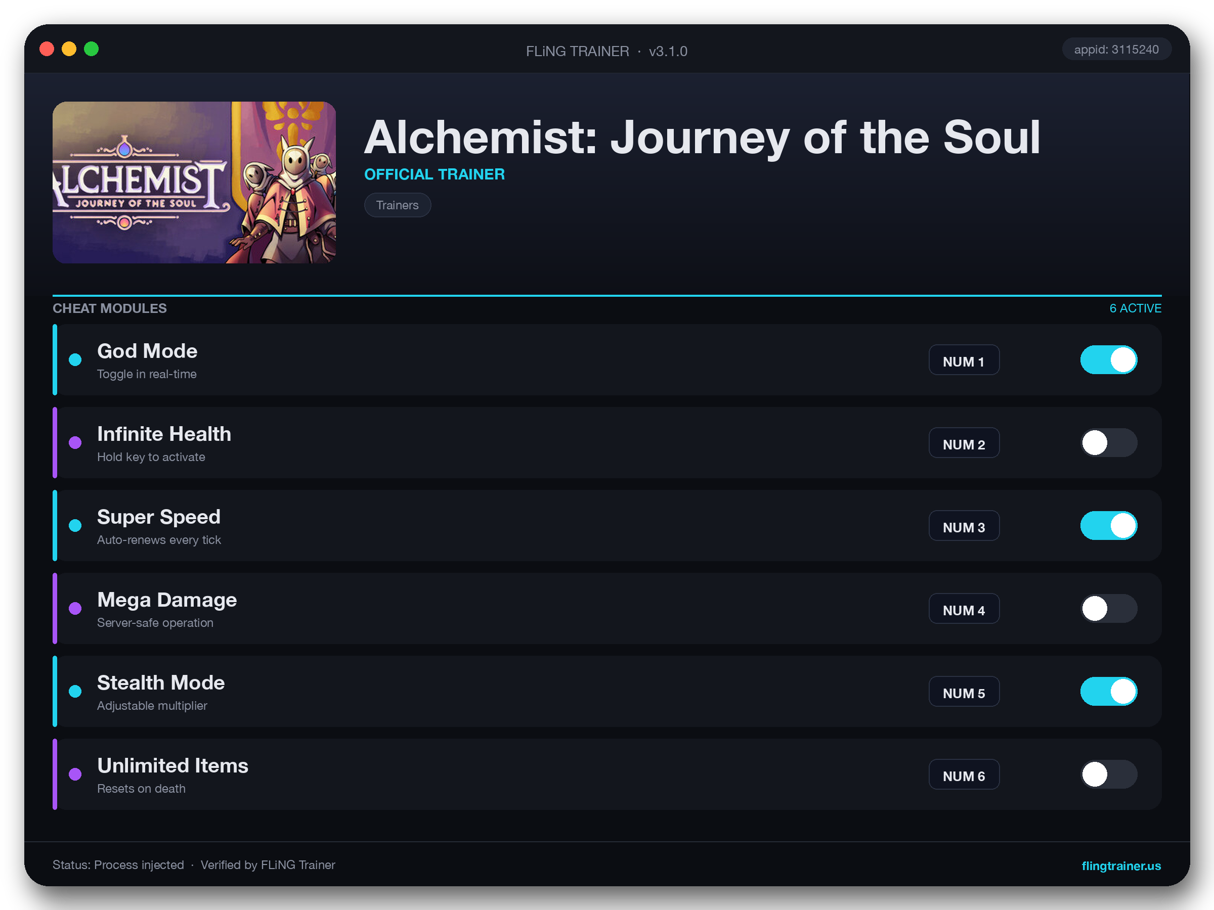 Alchemist: Journey of the Soul Trainer interface