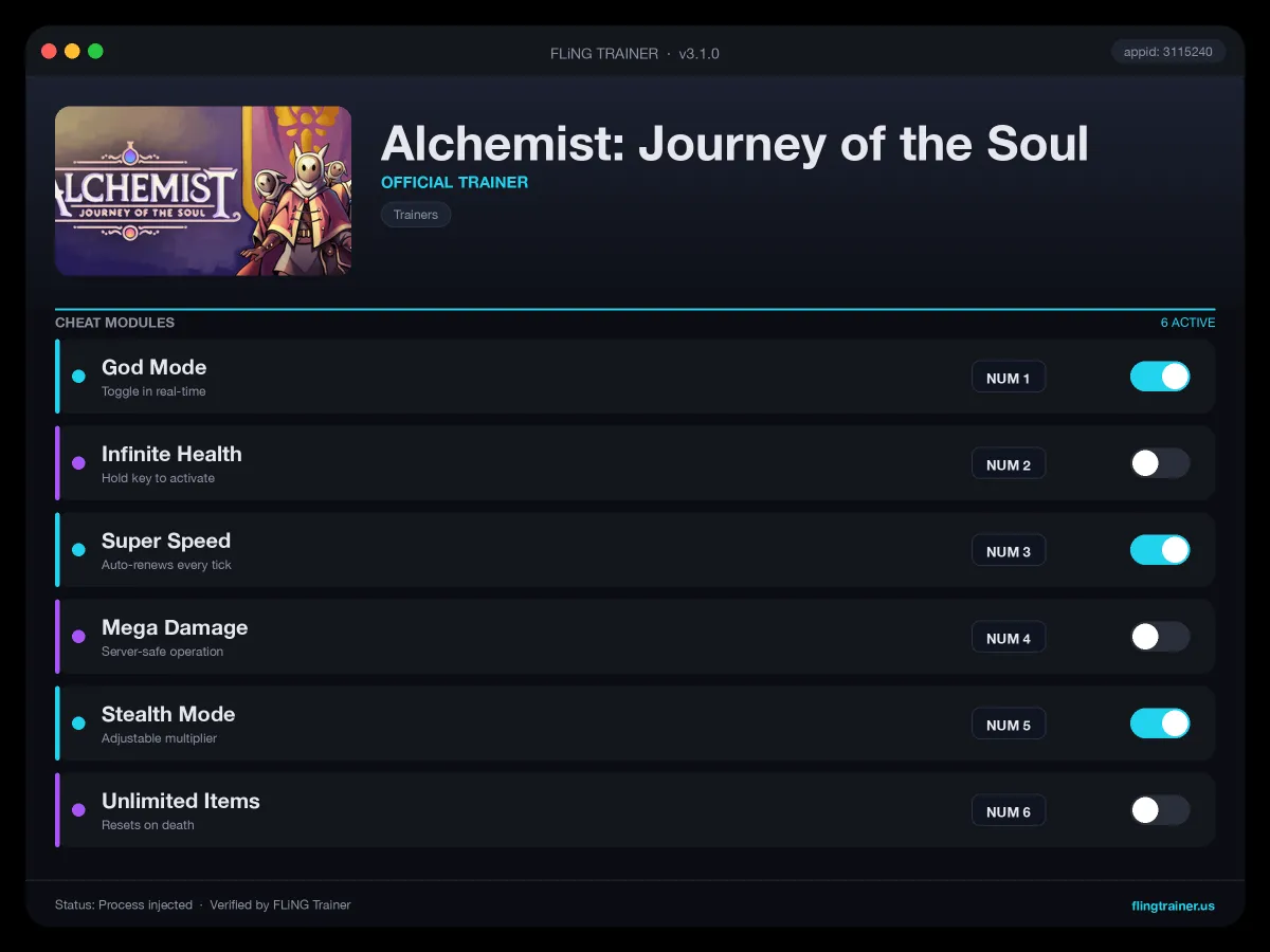 Alchemist: Journey of the Soul Trainer interface