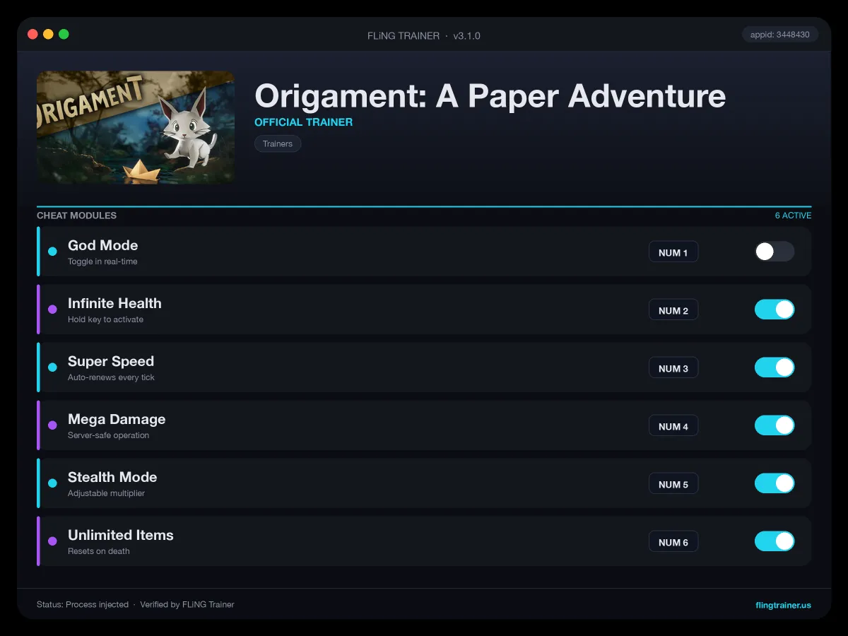 Origament: A Paper Adventure Trainer interface