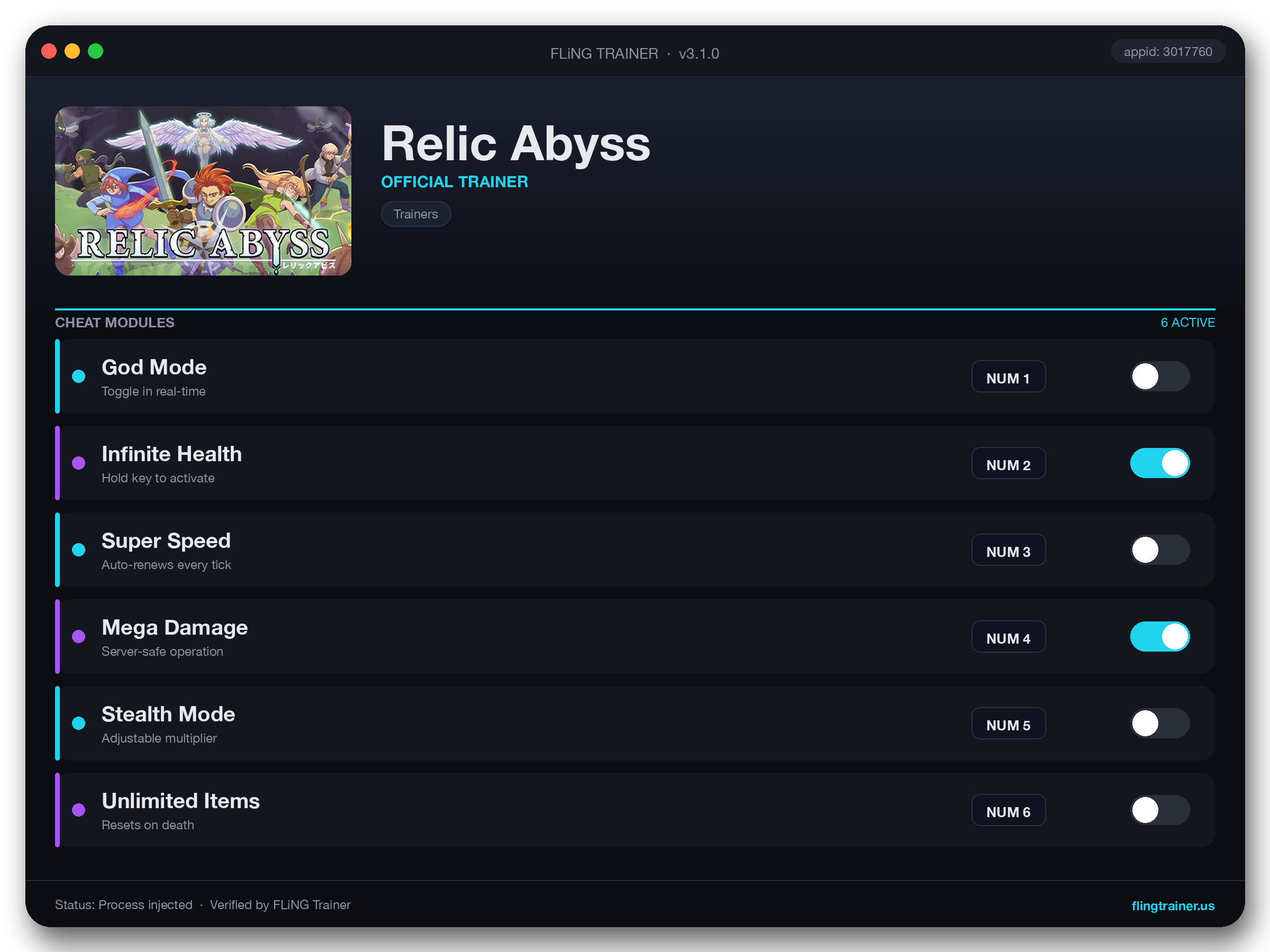 Relic Abyss Trainer interface