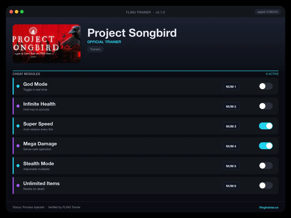 Project Songbird Trainer interface