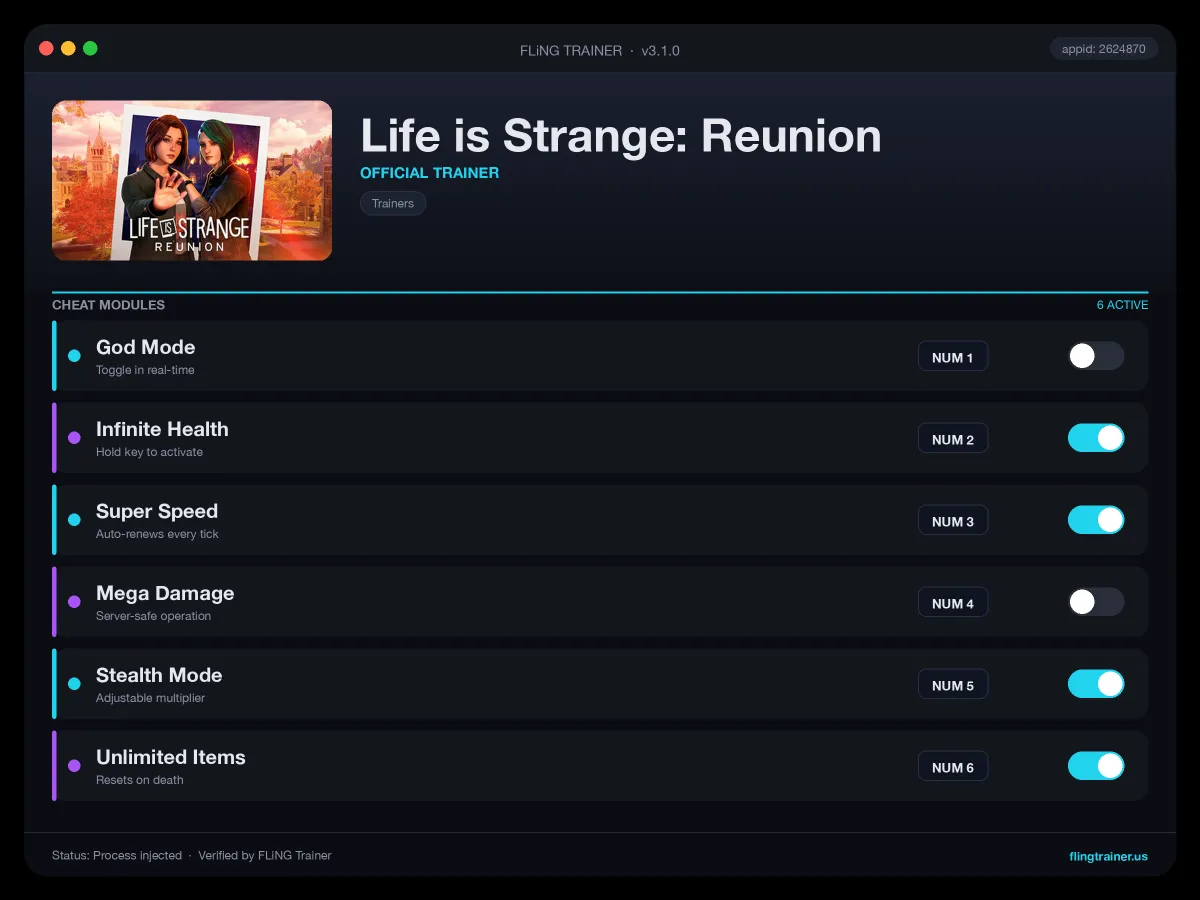 Life is Strange: Reunion Trainer interface