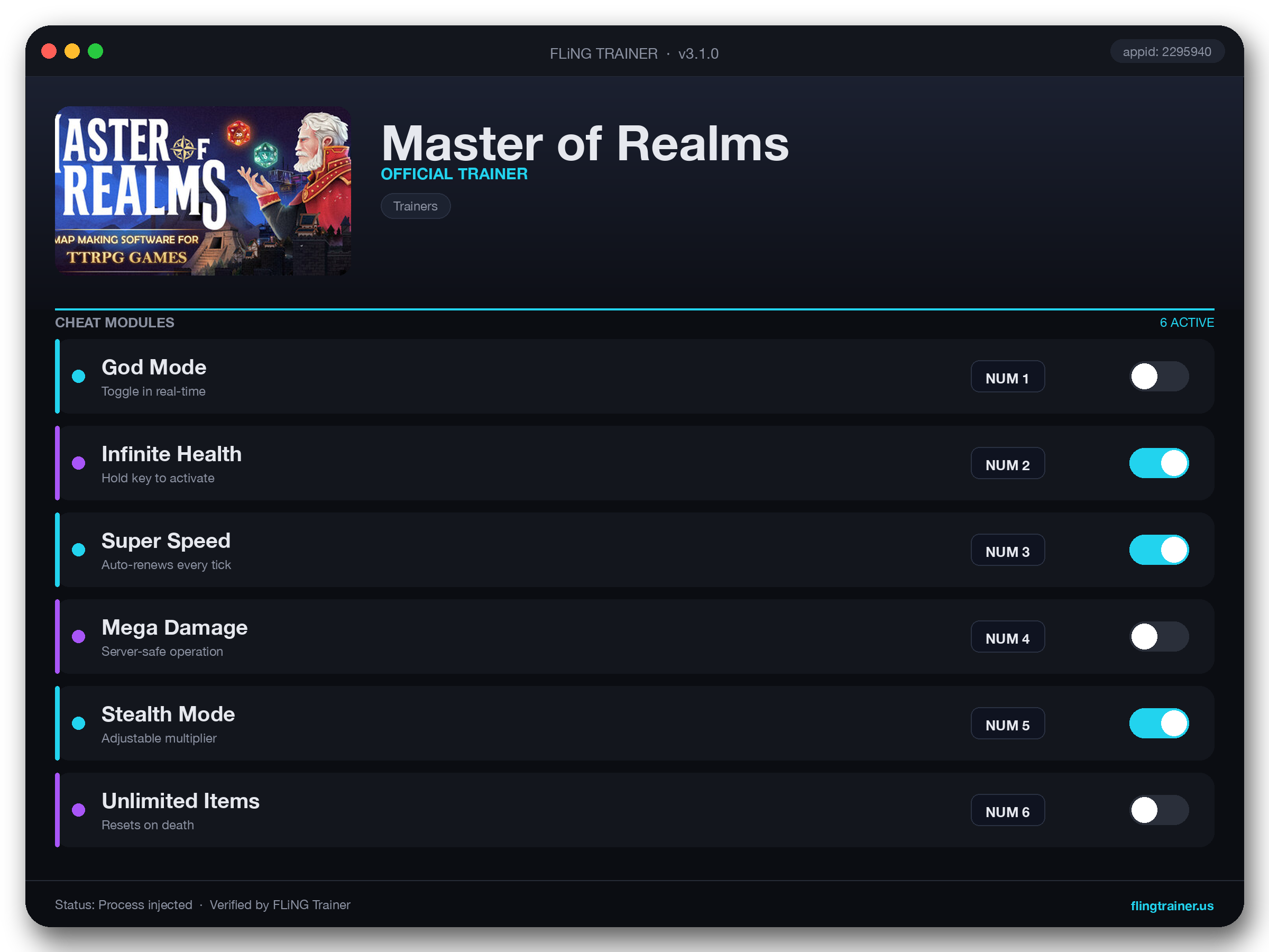 Master of Realms Trainer interface