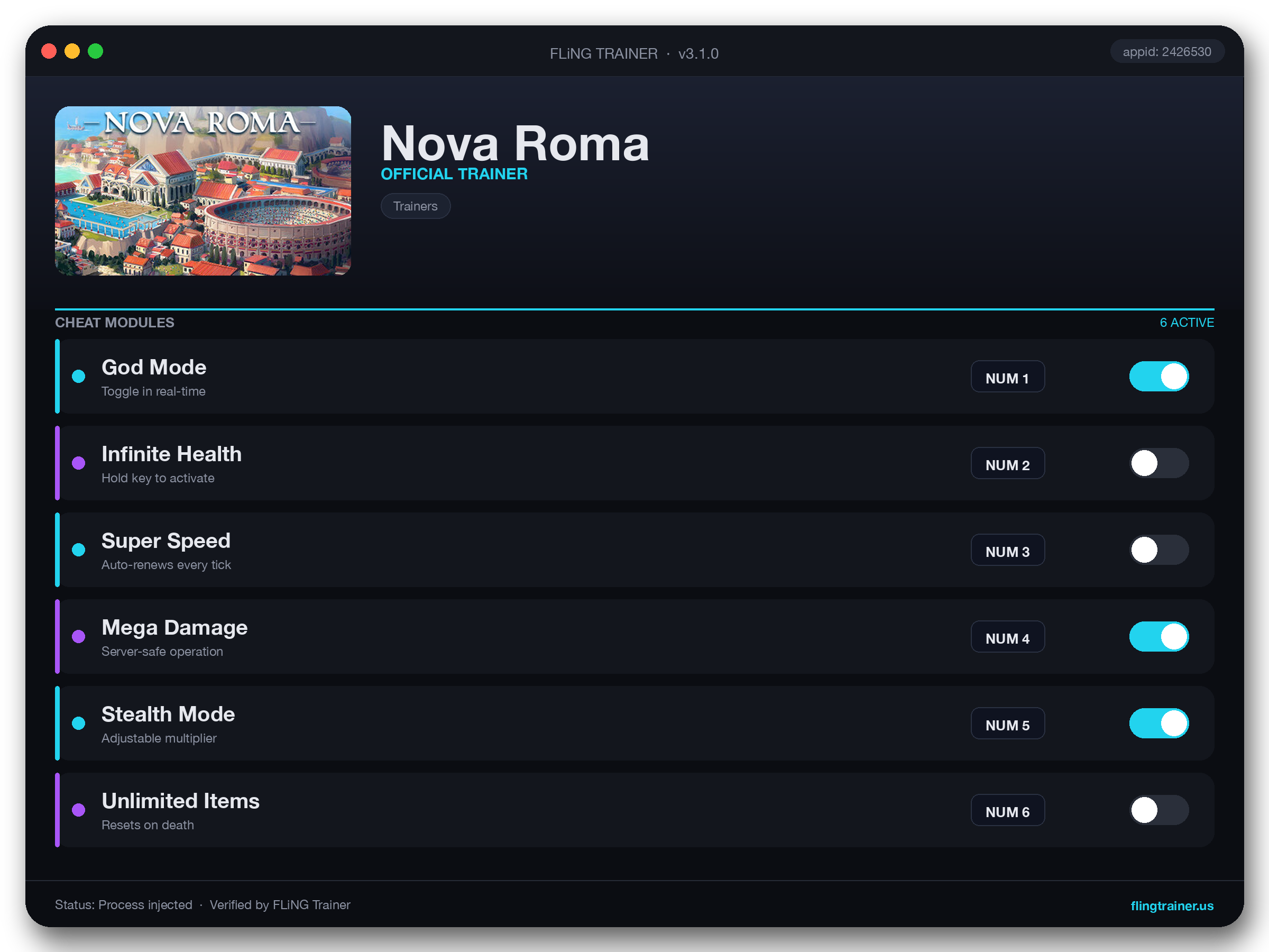 Nova Roma Trainer interface