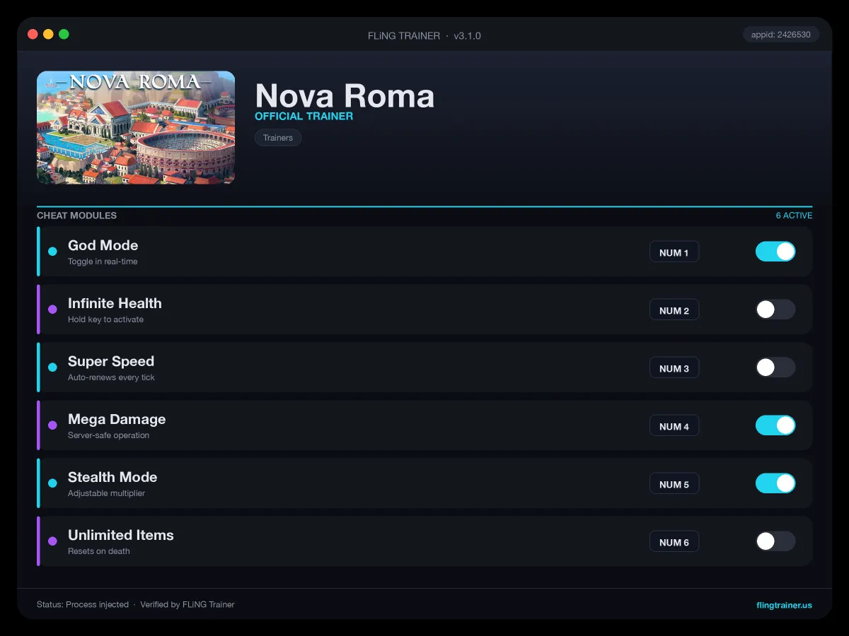 Nova Roma Trainer interface