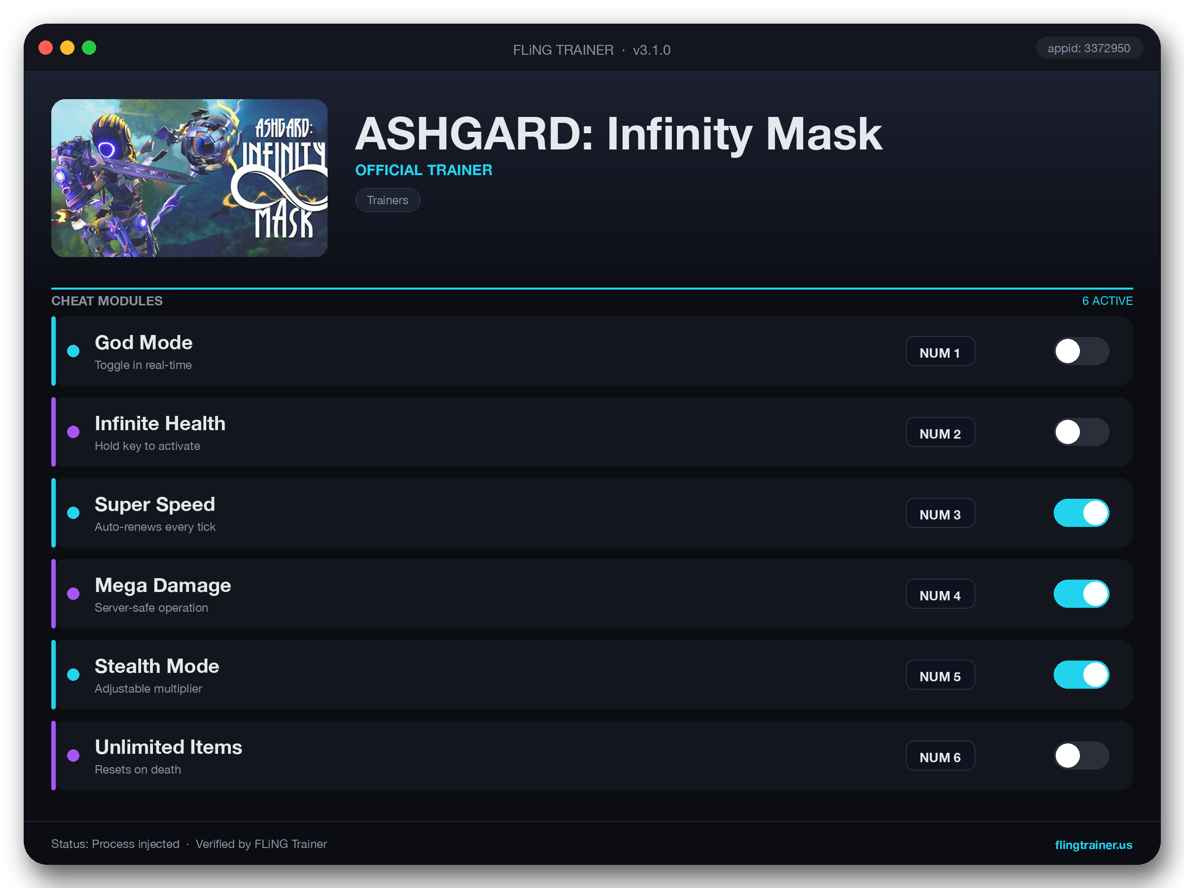 ASHGARD: Infinity Mask Trainer interface
