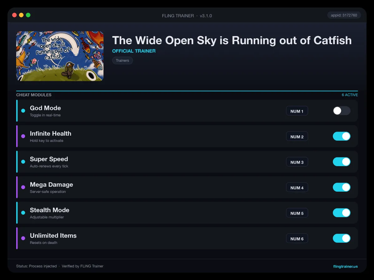 The Wide Open Sky is Running out of Catfish Trainer interface
