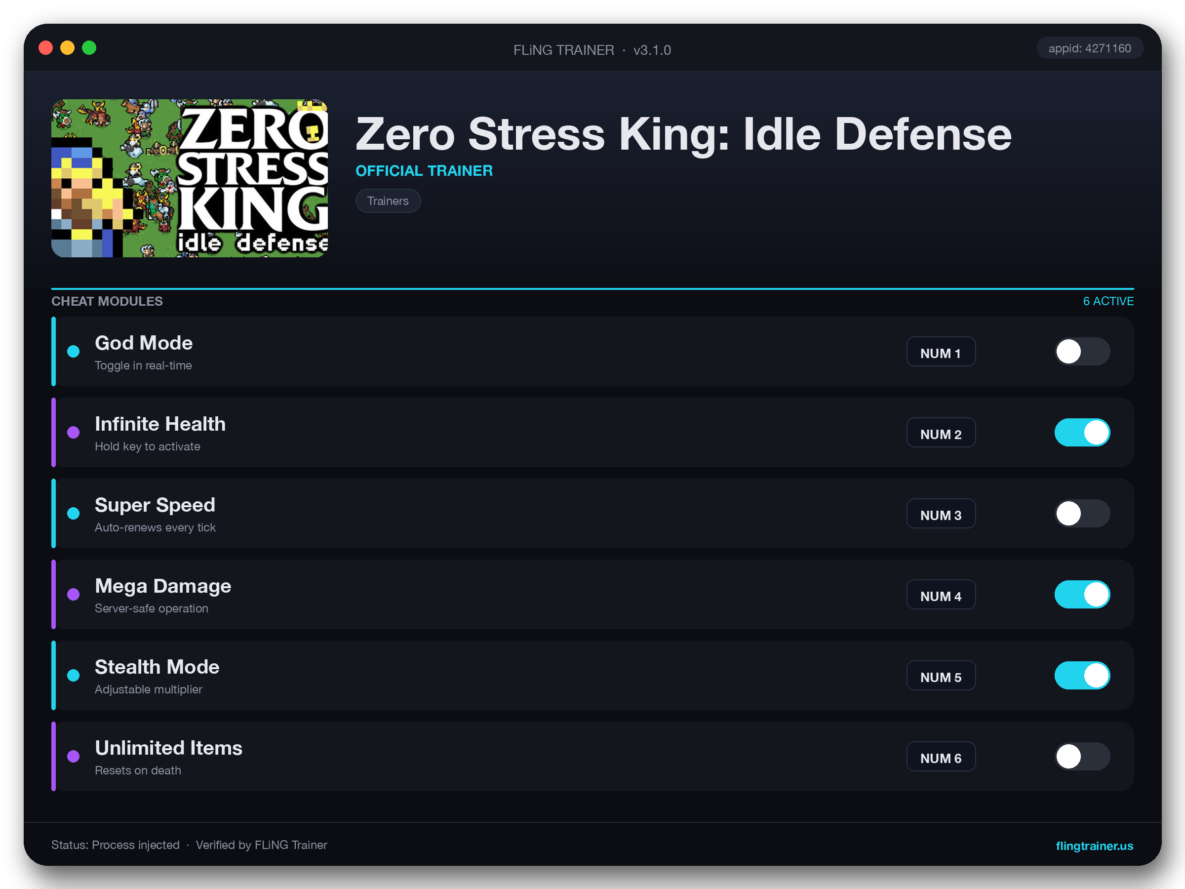 Zero Stress King: Idle Defense Trainer interface