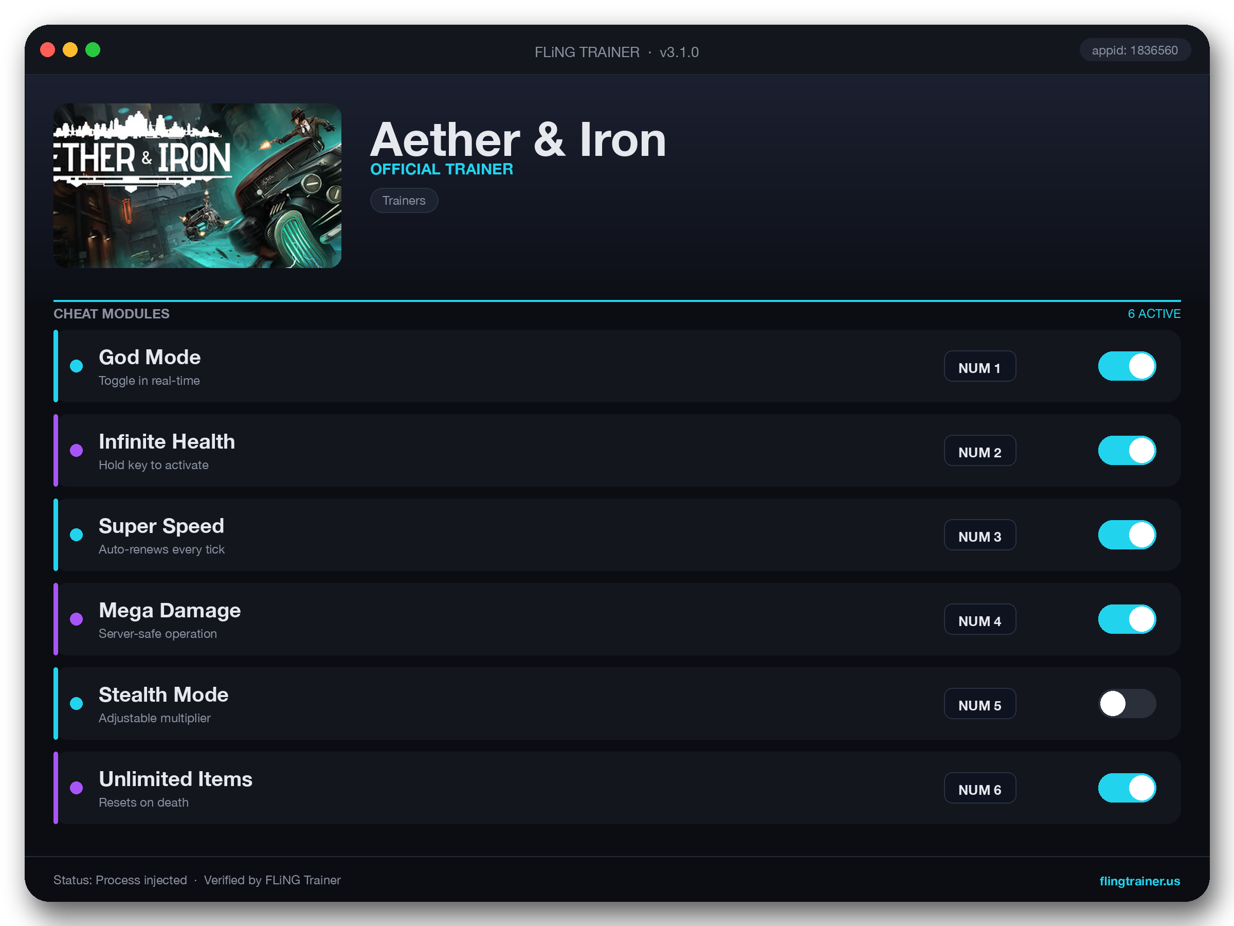 Aether & Iron Trainer interface
